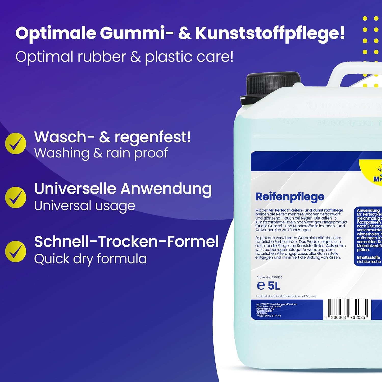 Mr. Perfect® 4x5L Reifenglanz - Auto Kunststoffpflege & Gummipflege für Außen - Schwarz - Reifenpflege für Reifenglanz - Autoreifen Pflege und Reifen Reiniger - Reifenschwarz Auto
