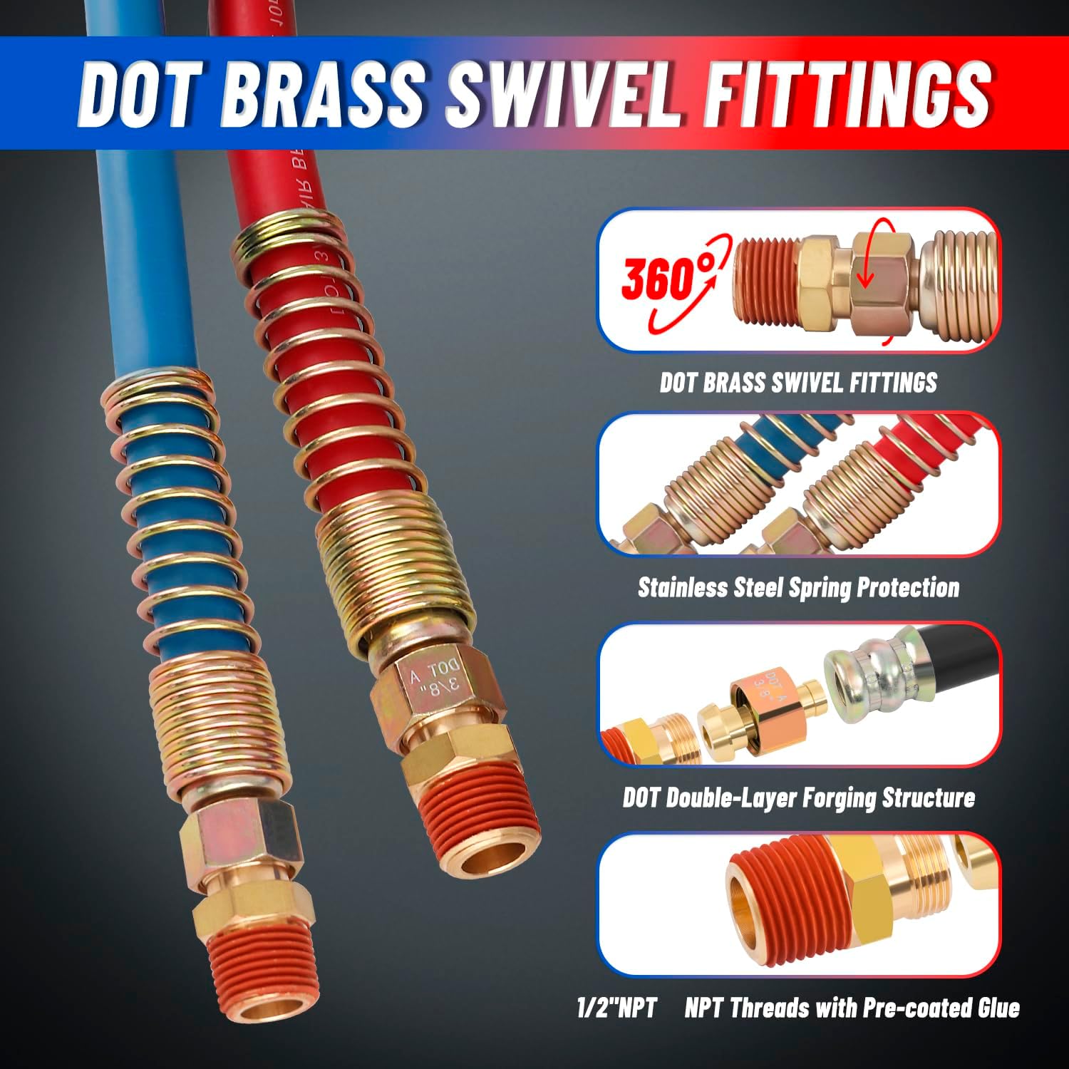 15ft 3 in 1 ABS & Power Air Line Hose with Glad Hand Hex Grip & Rubber Seals for Tractor Trailer Semi Truck