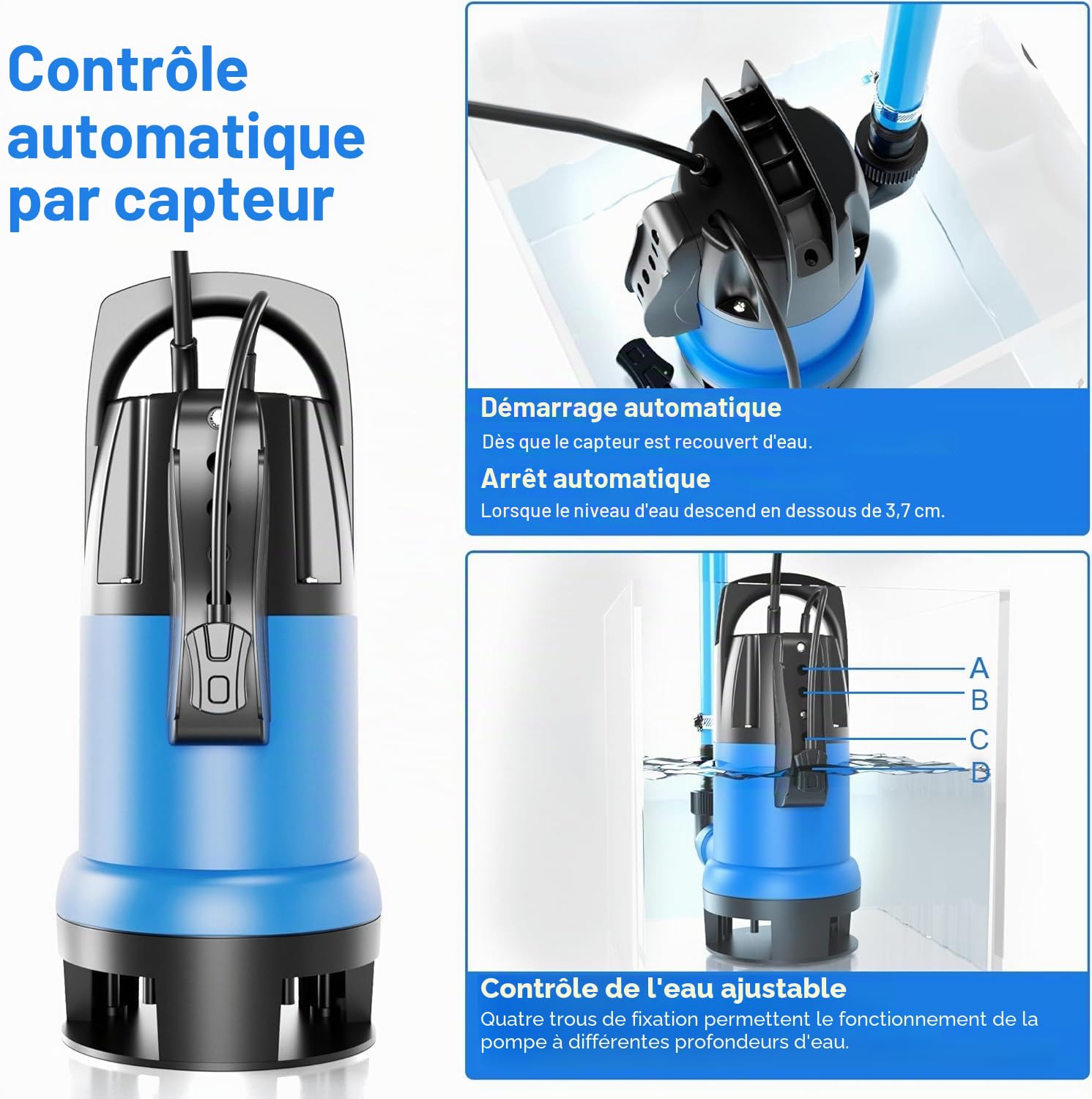 FOTING Pompe d’évacuation pour eaux chargées, 900W, 14 000L/h, Hauteur de refoulement max: 8,5m, D’immersion max: 7m, Particules⌀ 35mm, Flotteur Réglable 4 Niveaux, étang, maison, jardin