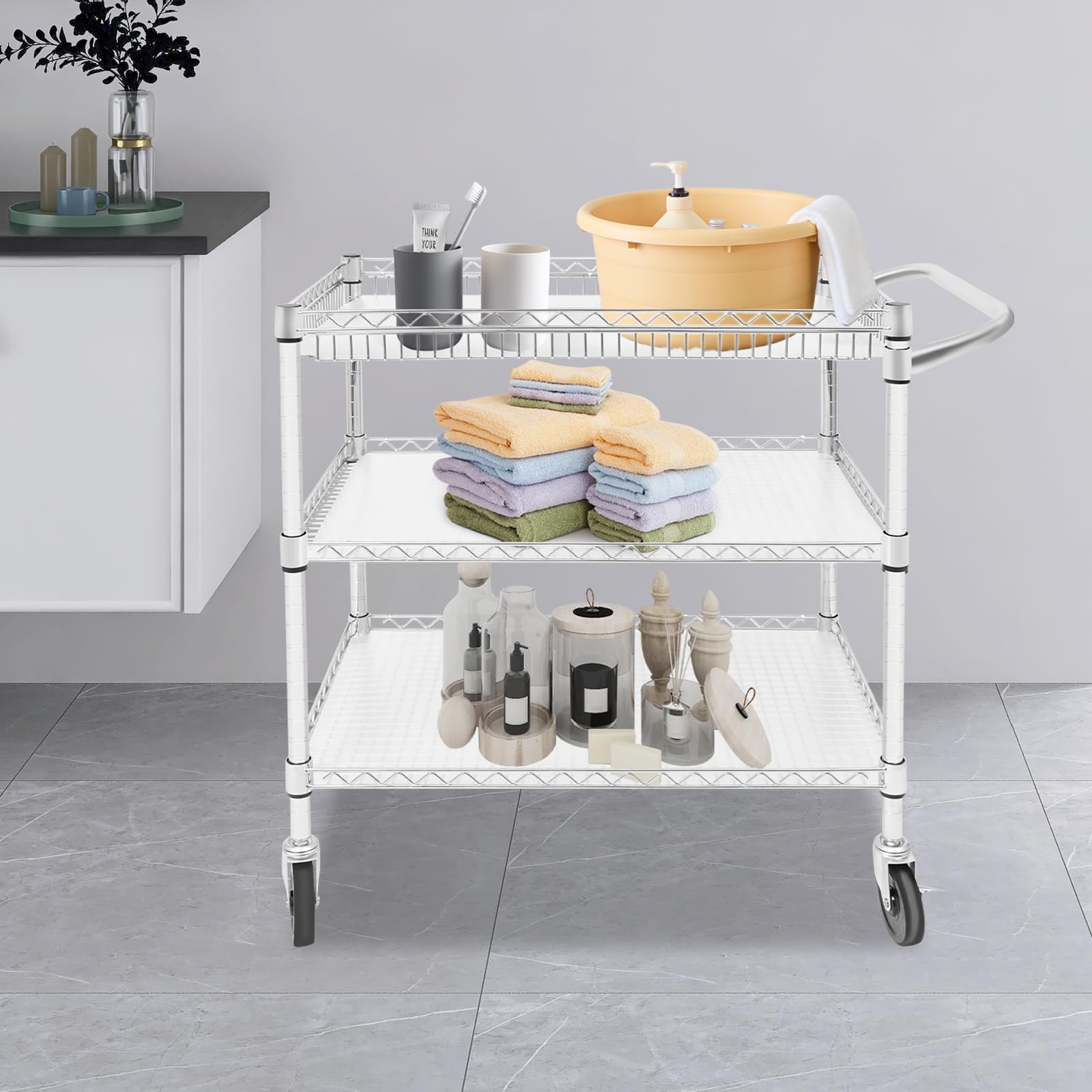 Carrello di servizio in acciaio al carbonio, 3 livelli, 4 ruote girevoli (2 con freni), capacità 150 kg per scaffale, vassoi in PP regolabili, per cucina, hotel e casa