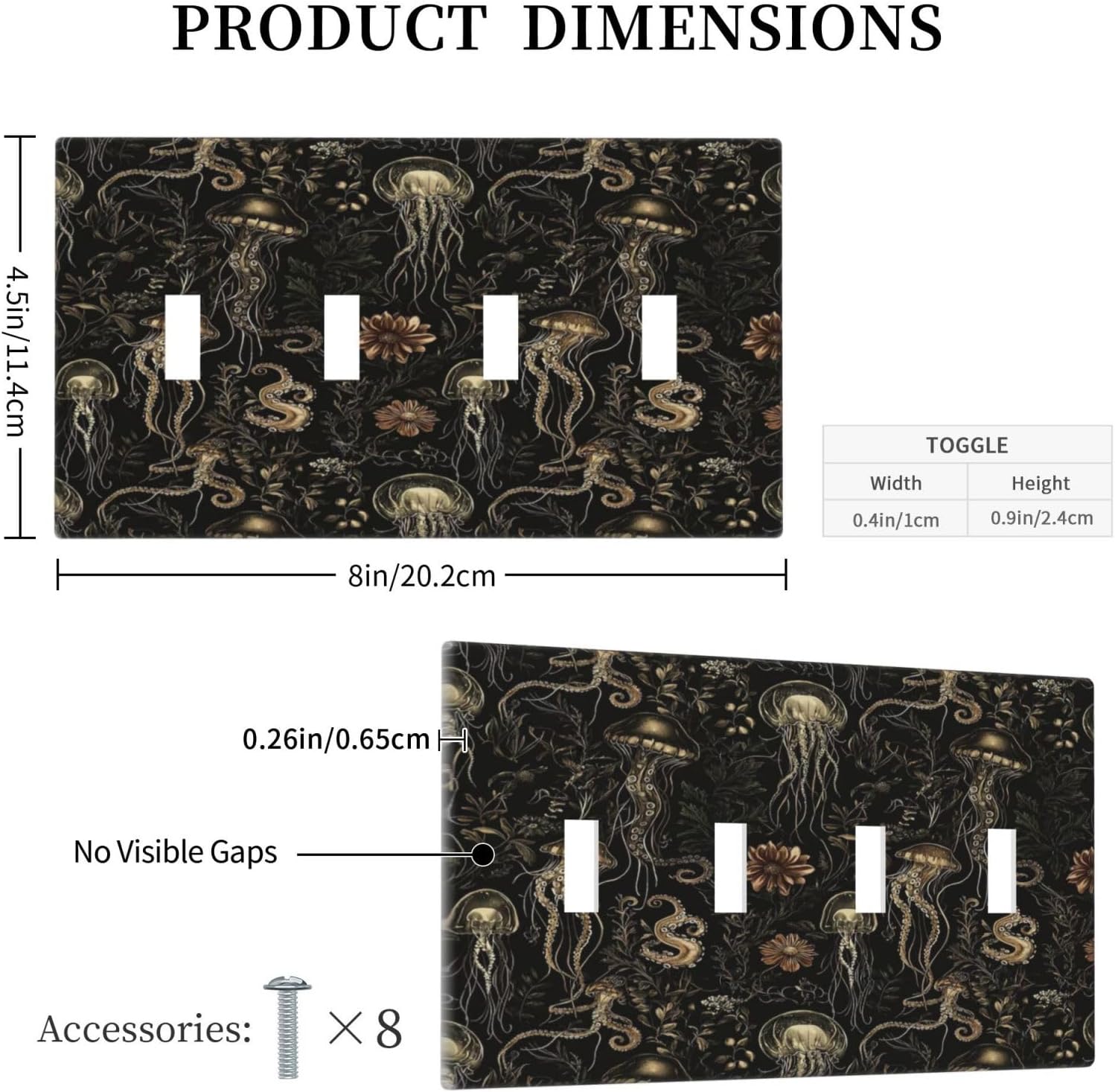 Decorative Switch Plate Covers Black Gold Jellyfish Squid Deep Sea Creatures 4 Gang Light Switch Cover Plate Quad Toggle Wall Plate Outlet Covers for Bedroom Home Decor