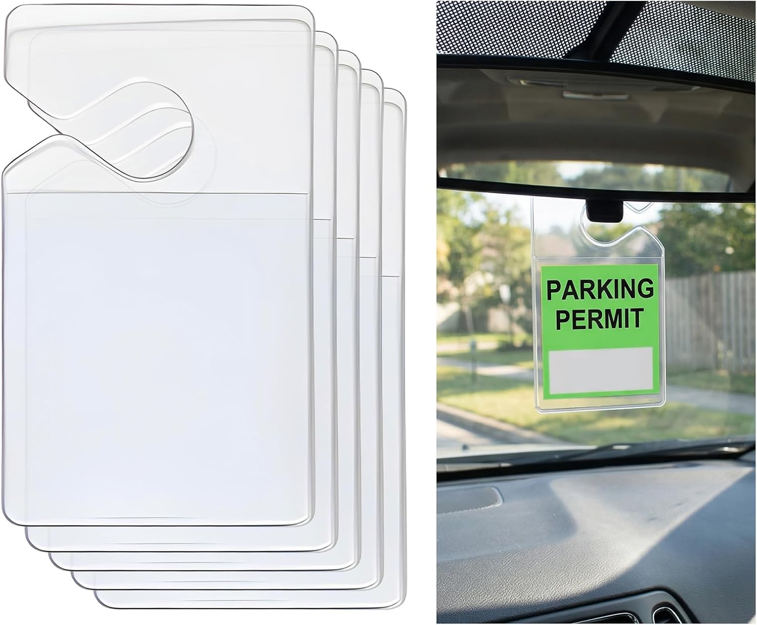 5PCS Clear Parking Permit Holder, Vertical Park Lot Pass Holder Car Rear View Mirror Document Hanger, Universal Parking Card Hanging Holders for Passes/Permits/Small Stickers