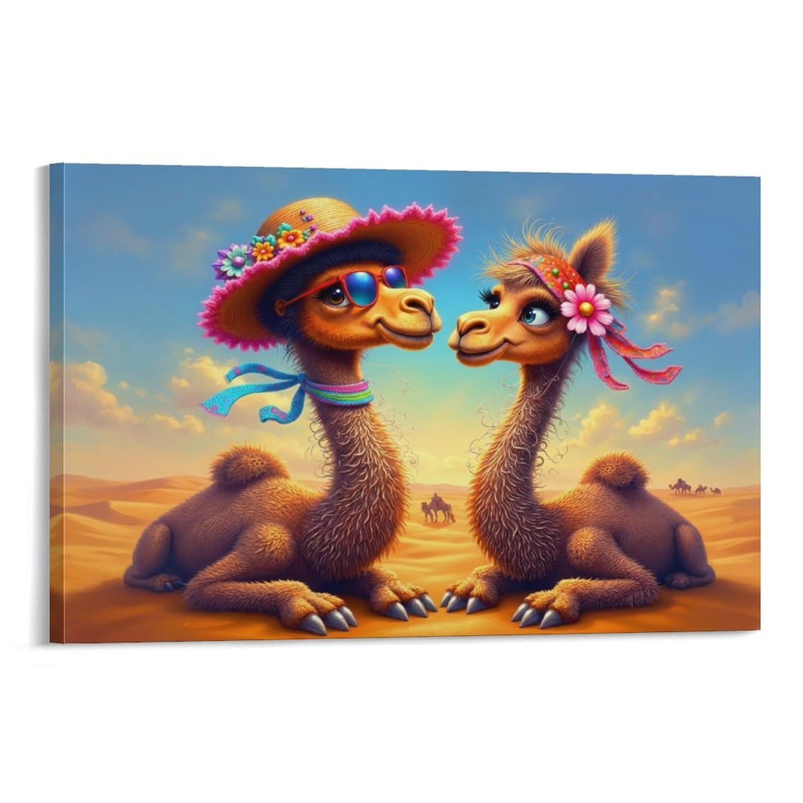 CPLVKWRQJ Cute Camel Couple Individual Two Cartoon Camels Desert Flowers Canvas Print - Office Wall Art Fade Resistant Statement Piece Ready to Hang 16x24inch(40x60cm)