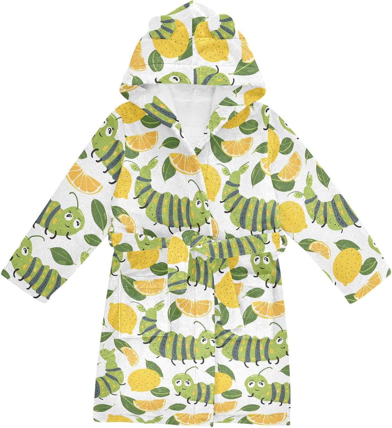 senya Cartoon A Caterpill Lemon Toddler Hooded Bathrobe Kids Soft Plush Bath Towel Robes for Boys Girls 2-12 Years