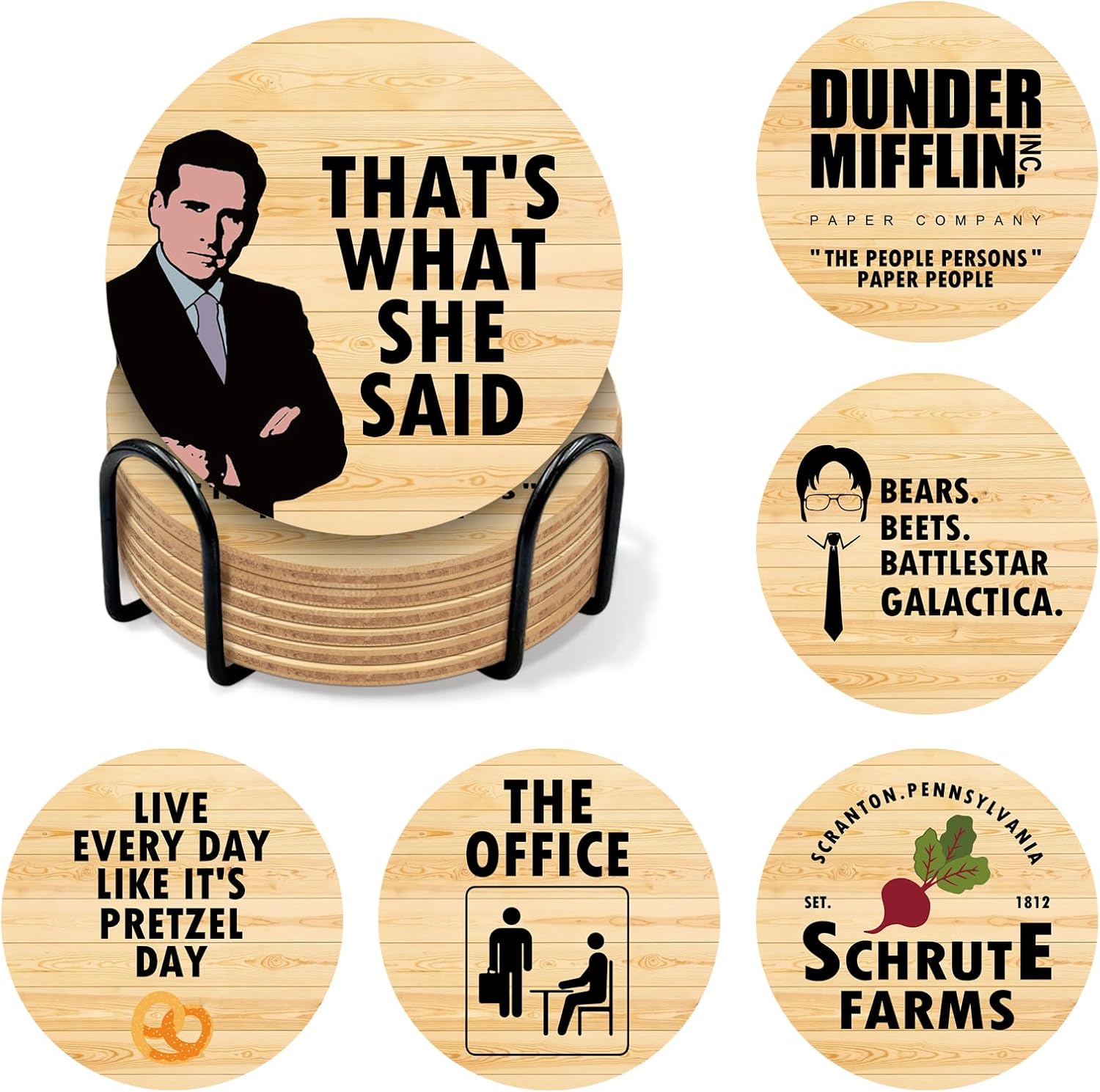 The Office TV Show Themed Merchandise for Fans, Funny Drink Coasters with Coaster Holder Set of 6, The Office Gifts for Fans, Bar Cork Coasters for Drinks Coffee Desk Table