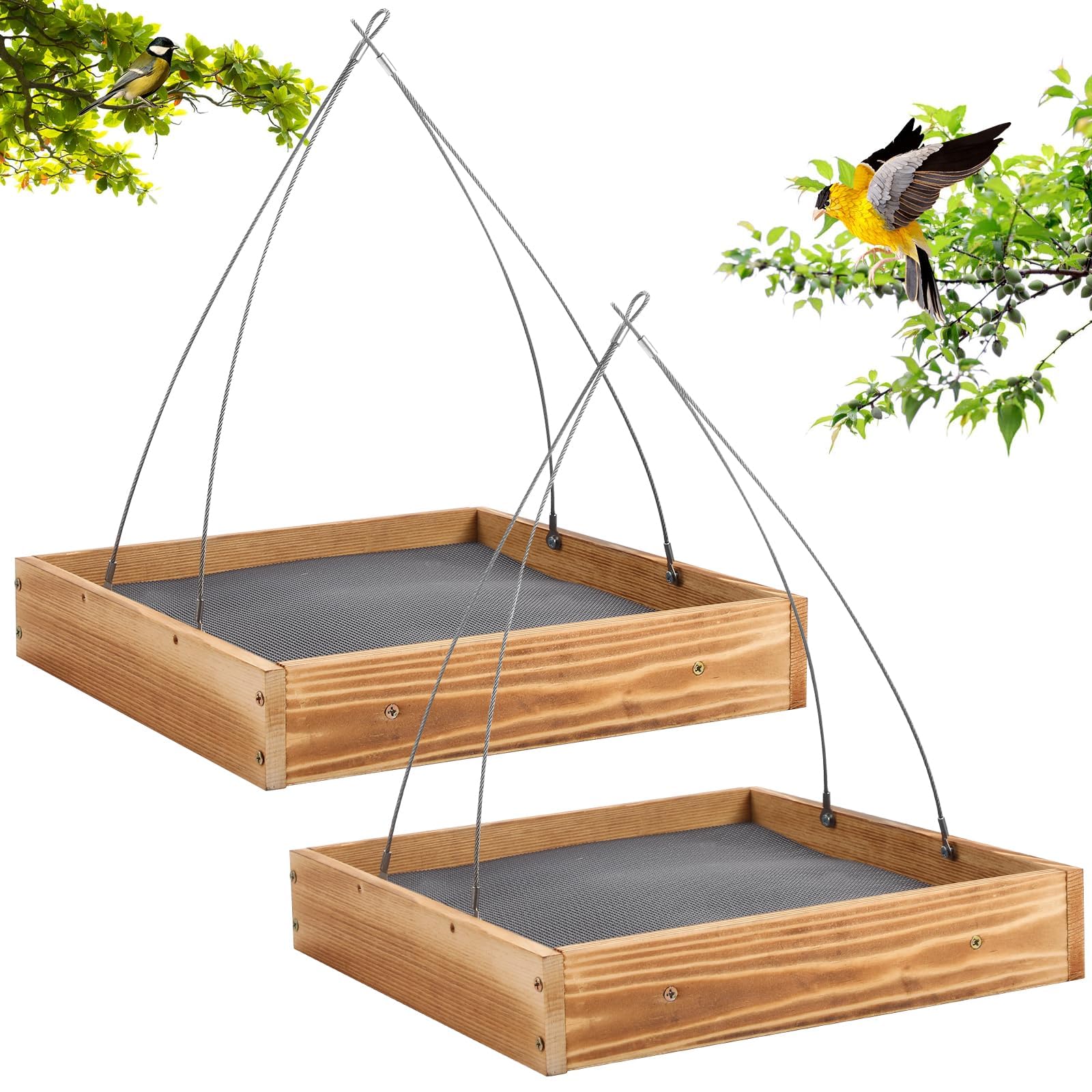 Robuste Zedernholz-Plattform, Vogelfutterspender, Edelstahl-Kabelgeflecht, zum Aufhängen, für den Garten und draußen, langlebig, wetterfest, 3/4 (Selbstmontage erforderlich), 2 Stück