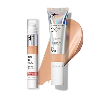 IT Cosmetics CC+ Cream with SPF 50+ Natural Finish Full Coverage Foundation Neutral Medium - 1.08 fl oz & Do It All Radiant Concealer Multivitamin Serum Makeup 310 Medium Warm - 0.2 fl oz
