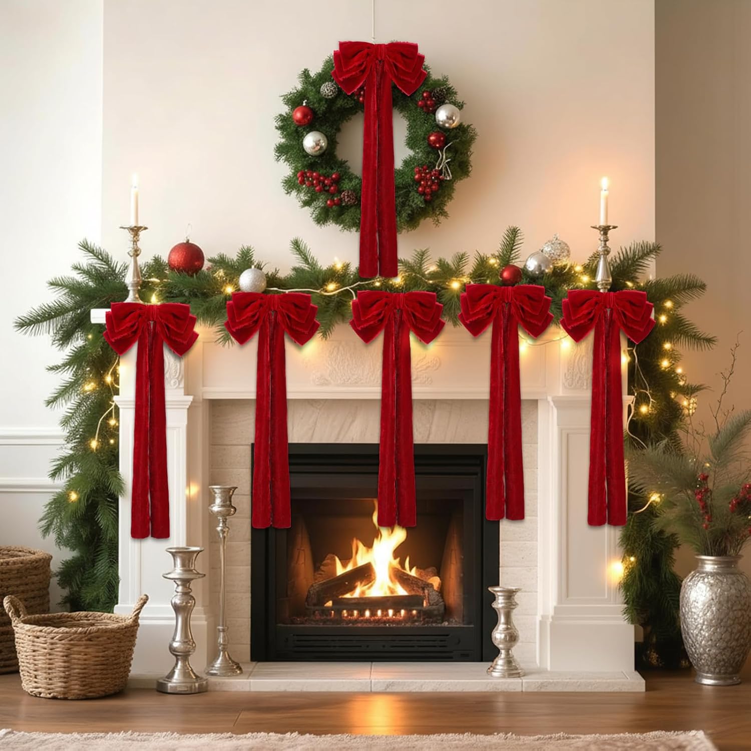 6 Pcs Large Velvet Bows for Christmas Tree 19.7" x 10.6" Velvet Ribbon Bows Ornament Christmas Swag Wreath Staircase Bow Vintage Raw Edges Tree Topper for Home Decor(Burgundy,Three-ear Style)