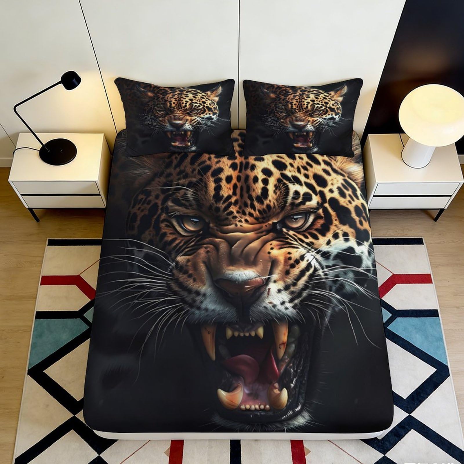 3D Printed Fierce Leopard Fitted Sheet Microfiber Durable Soft Black Panther Bed Cover with 3D Printed Angry Cheetah Mattress Cover for Bedroom Dorm Dormitory 200x200x25cm