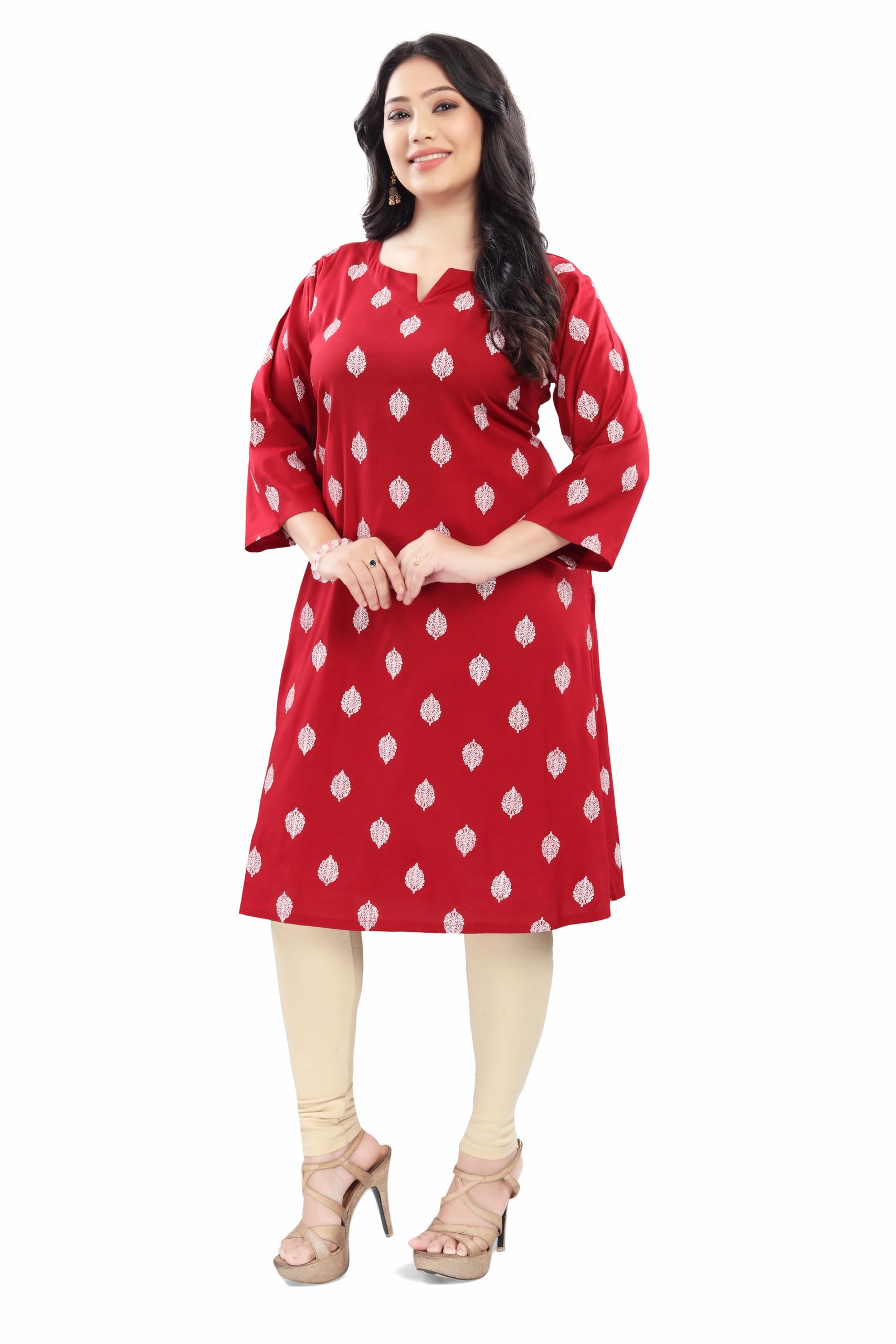 Floral Printed Rayon Kurti | Side Pocket | V-Neck | 3/4 Sleeves | Regular Fit | Casual, Office L, XL, XXL-image-37