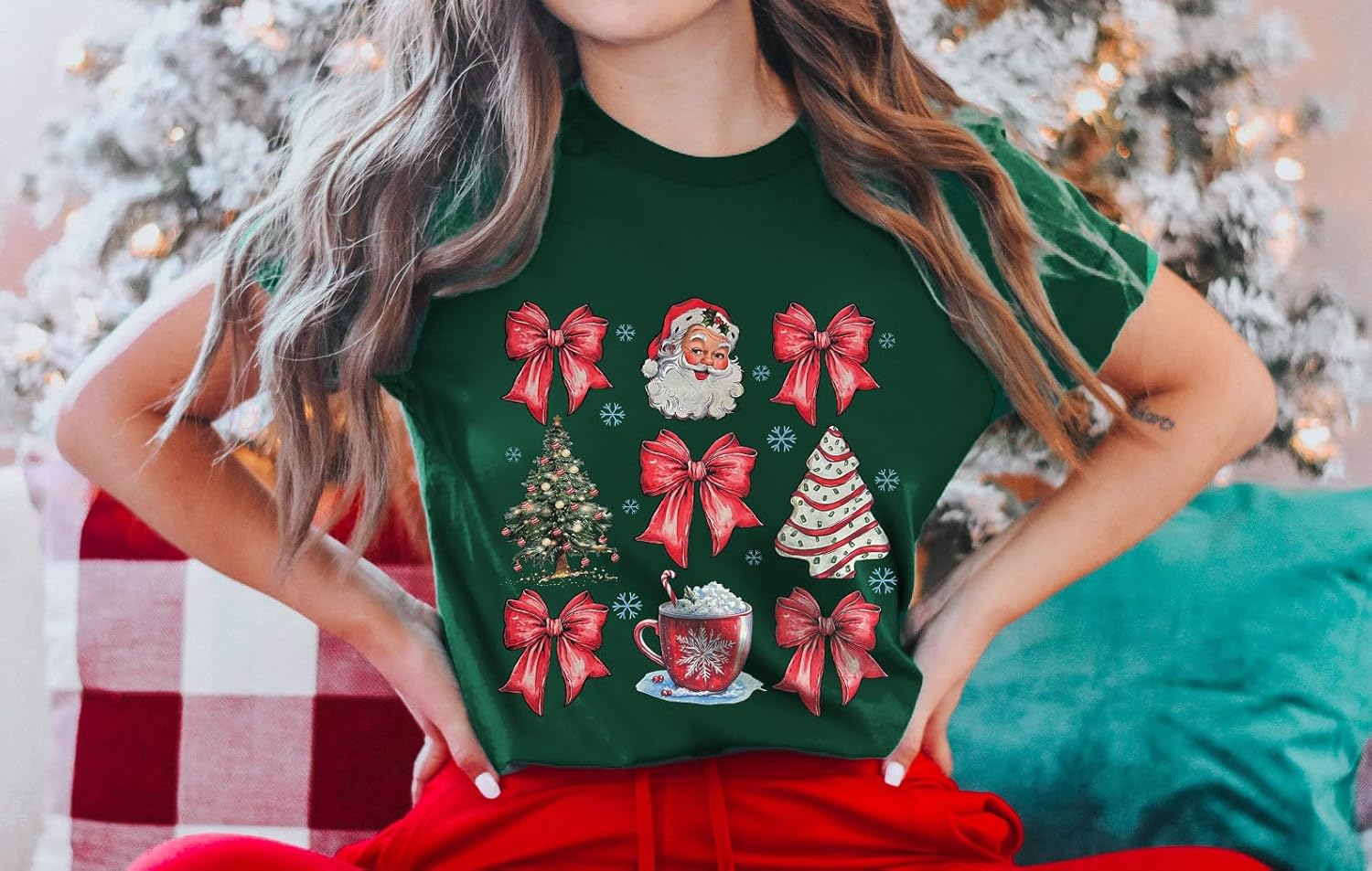 Merry Christmas Shirt for Women Coquette Bow Xmas T-Shirt Short Sleeve Santa Holiday Tee Tops - Image 3