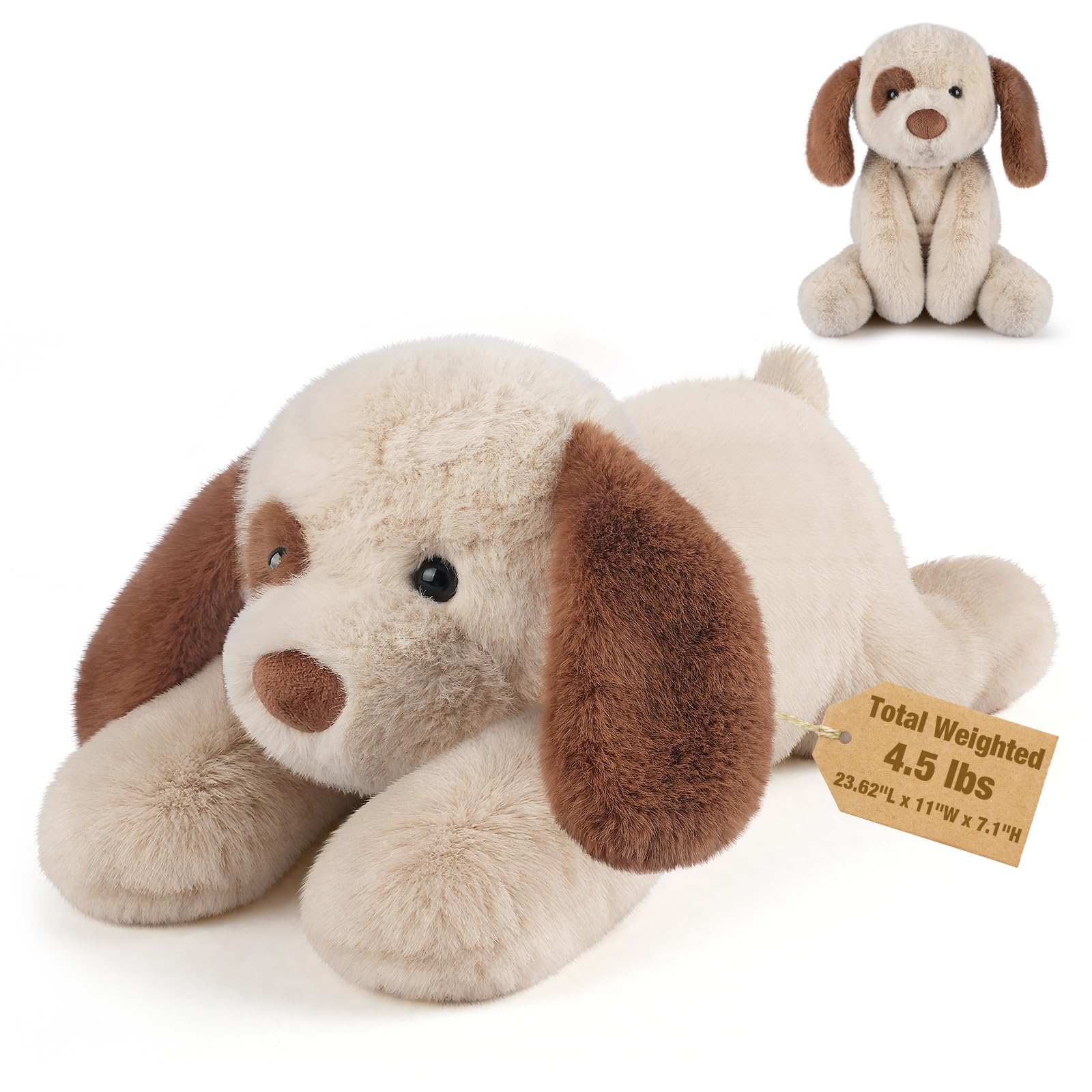 Bobbie & Laxi Peluche de perro con peso de 24 pulgadas y 4.4 libras, almohadas de peluche ajustables para sentarse y acostarse con bolsa de cerámica extraíble para compañero, regalos suaves y suaves