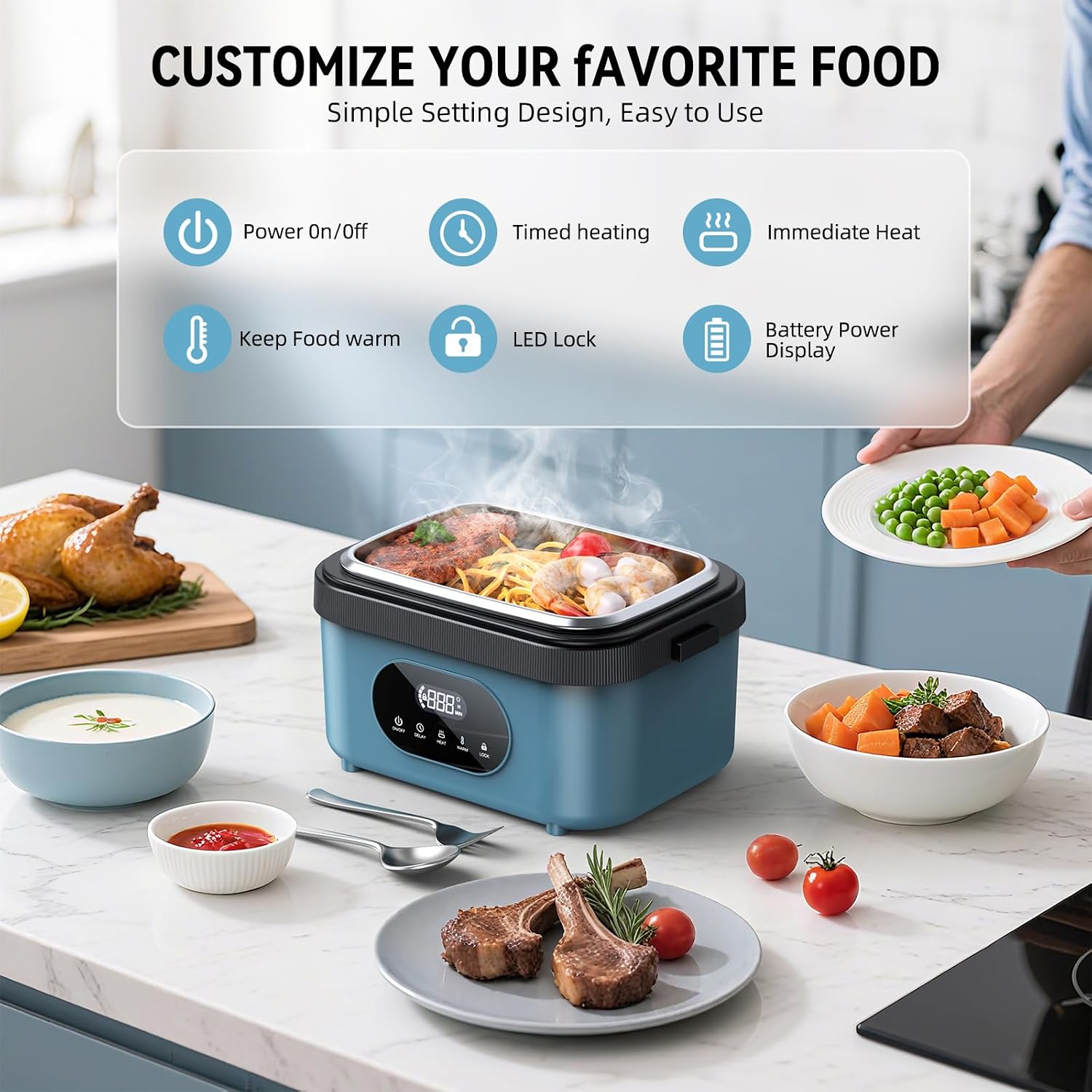 Cordless Electric Lunch Box, 18000mAh Rechargeable Self-Heating Lunch Box Food Warmer, 1.5L Portable Heated Lunch Container for Adults, Leakproof for Work, Office, Camping & Travel, Blue-Black image 4