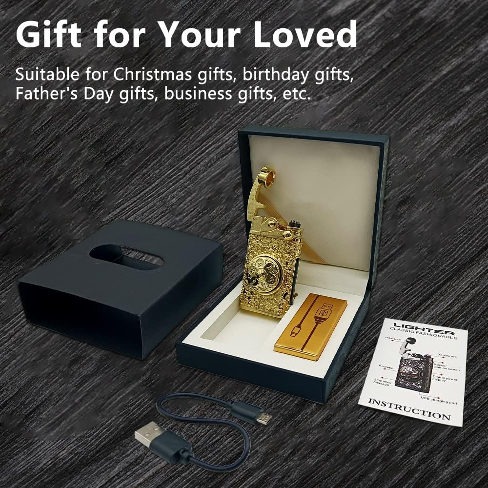 Electric Lighter USB Rechargeable Lighter, Windproof Plasma Dual Arc Lighters, Personalized Lighters, Flameless Cool Lighteres with LED Battery Indication for Candles, Outdoor Camping (Golden)