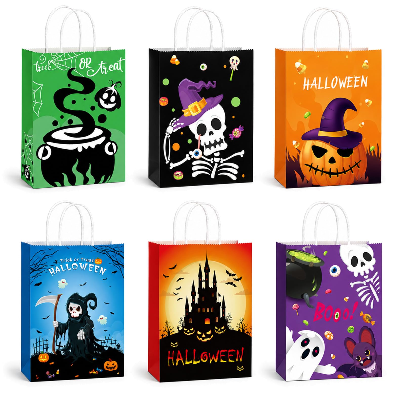 12 pcs Halloween Paper Gift Bags with Handle Witch, Pumpkin, Skull Prints