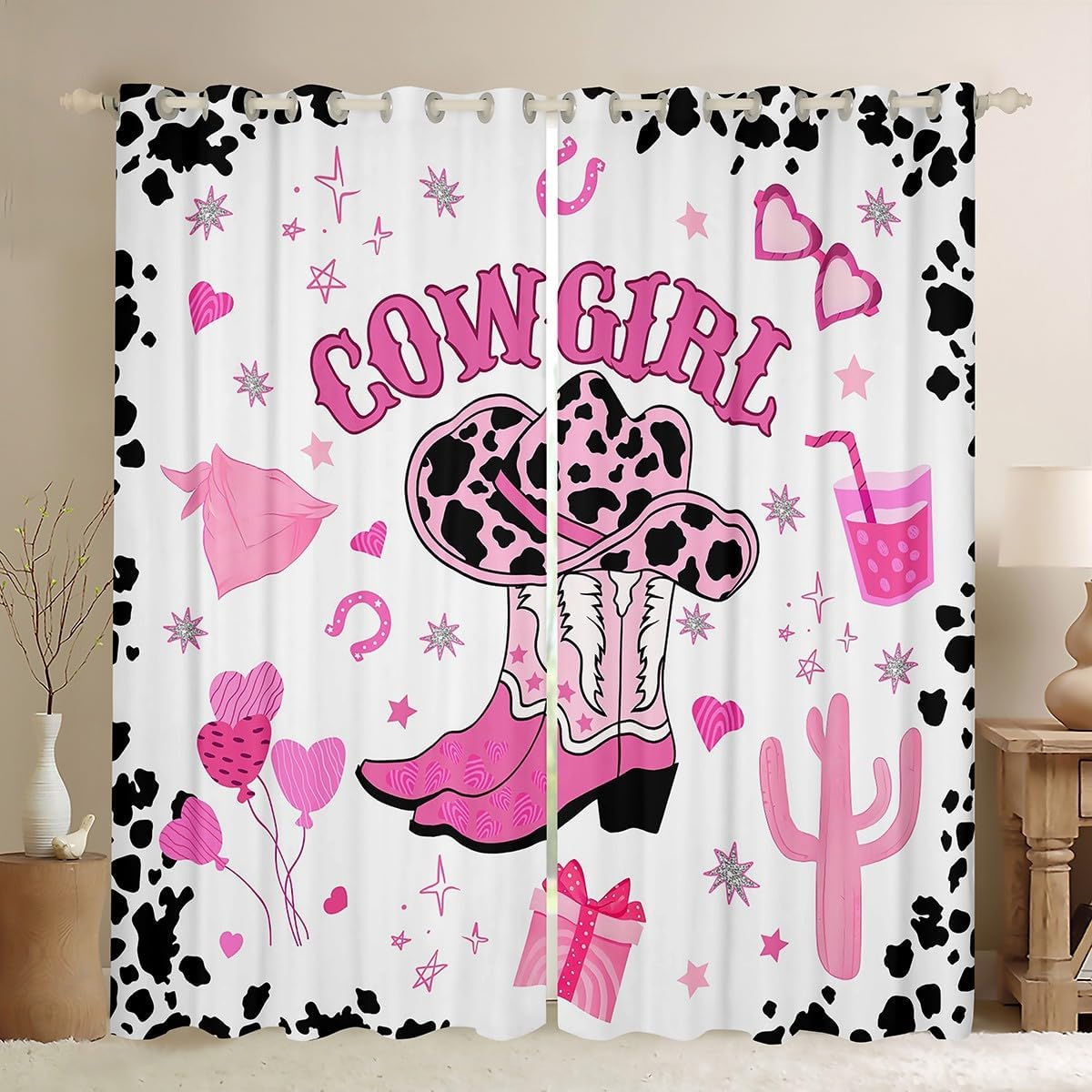 Pink Cowgirl Window Curtain,Milk Cow Print Cowboy Hat Boots Cactus Blackout Window Drapes for Bedroom Decor,Stars Horseshoes Western Rodeo Window Treatment Curtains for Kids, 52Wx96L inch