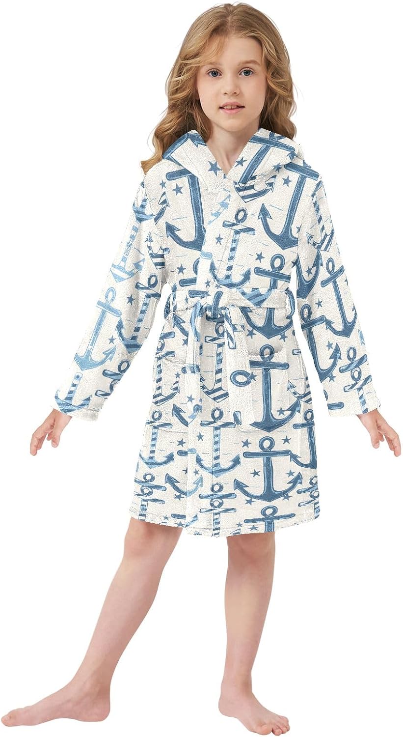 Navy Cartoon Anchor Prints Toddler Hooded Bathrobe for Boys Girls Soft Plush Bath Towel Robe 2-12 Years