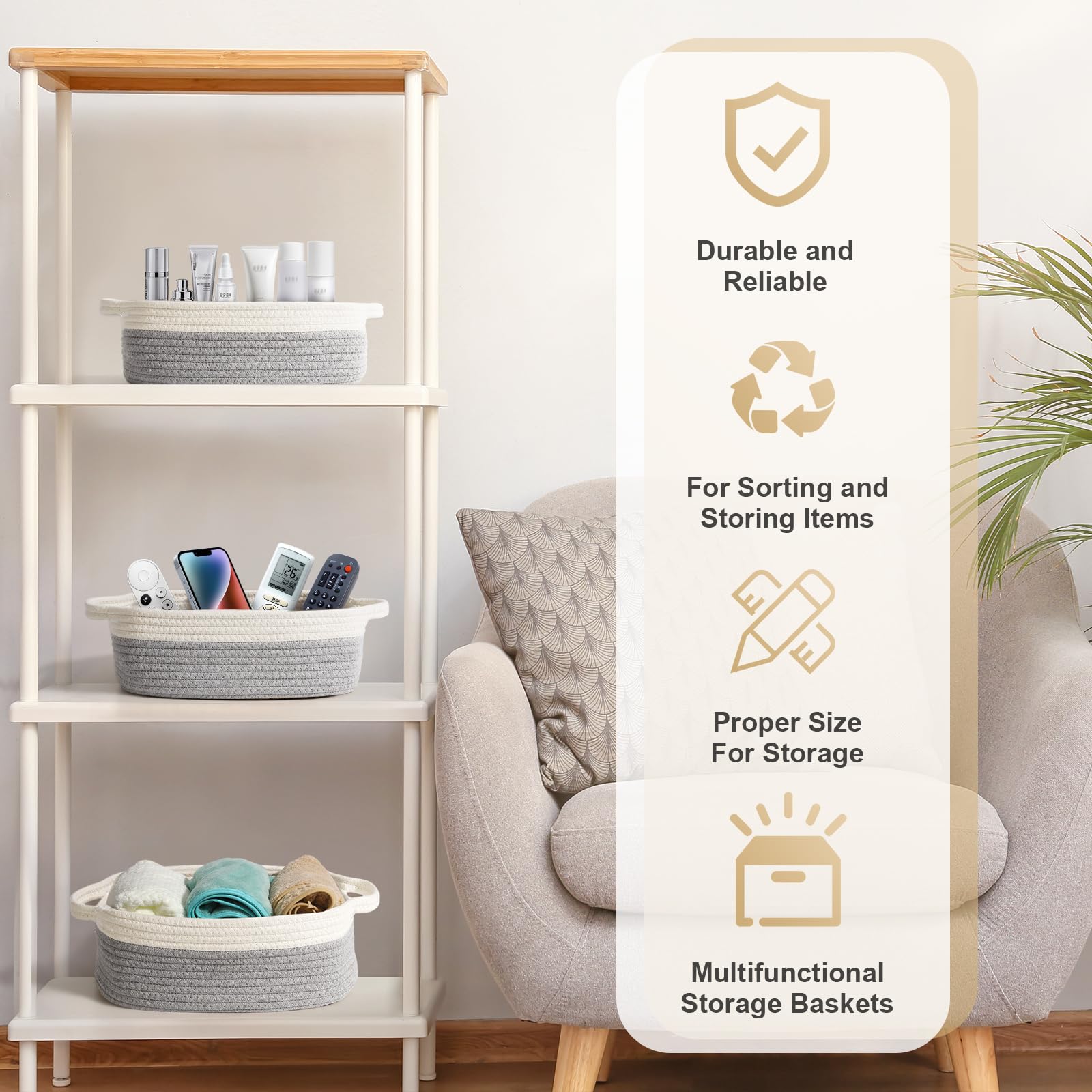 Cinnani Set di 5 Cestini Portaoggetti Intrecciato in Corda di Cotone, Impilabile Organizer Fasciatoio, Decorazione Cesto Portaoggetti per Bagno, Armadio, Camera da Letto, Soggiorno (Bianco/Grigio)
