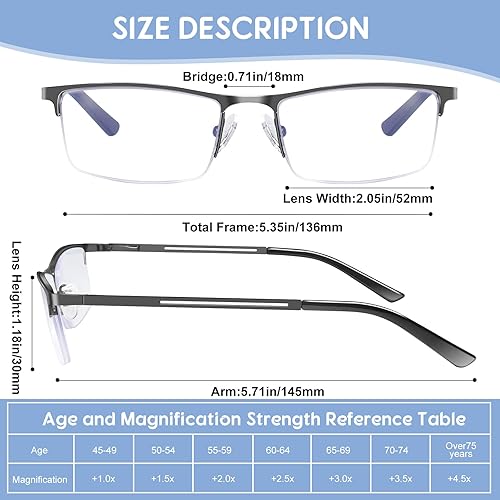Miniatura 4 de Lentes de lectura con bloqueo de luz azul para hombres, lectores de metal de medio marco, con bisagra de resorte, antifatiga ocular,
