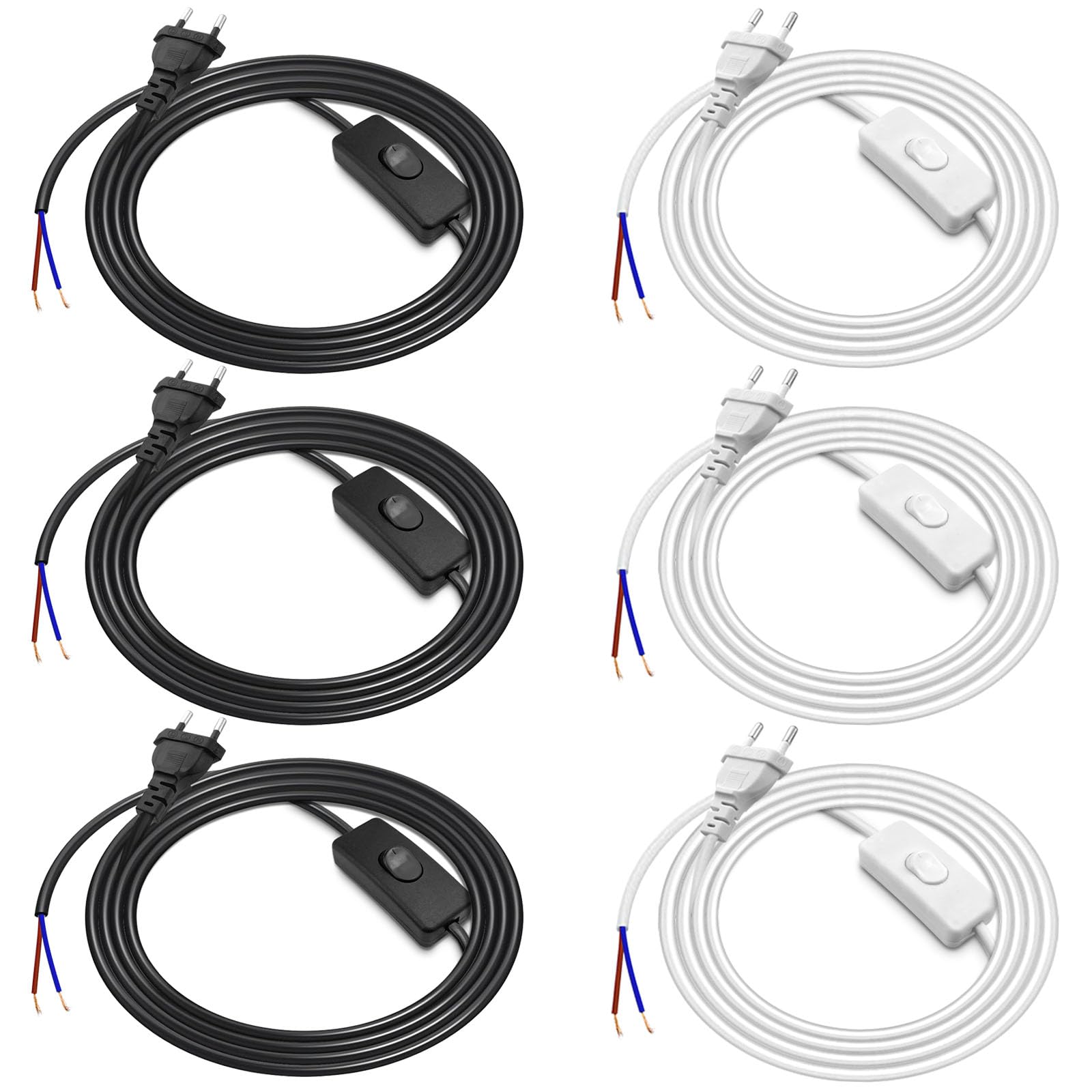 3x Netzkabel Mit Schalter – 1,8 M, EU-Stecker, 2x0,75 Mm², Für Lampen & Stehleuchten, Schwarz