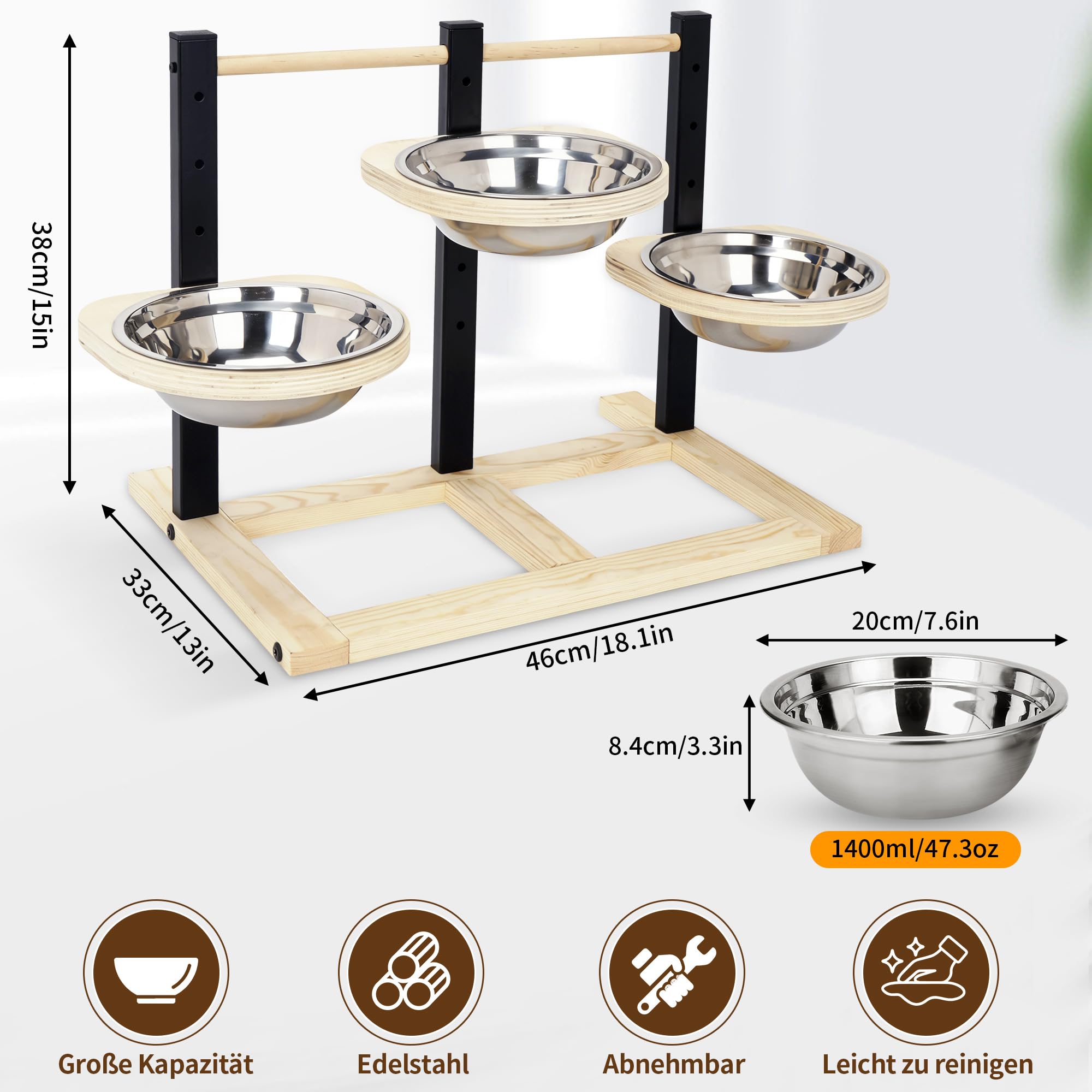 ohbien Hundenapf Erhöht für Hunde, Holz Erhöhte Hundenäpfe 5 Höhenverstellbar Hundenapf mit 3 x 1400ml Edelstahlschüssel Futternapf Futterstation für Groß, Mittel und Klein Hund