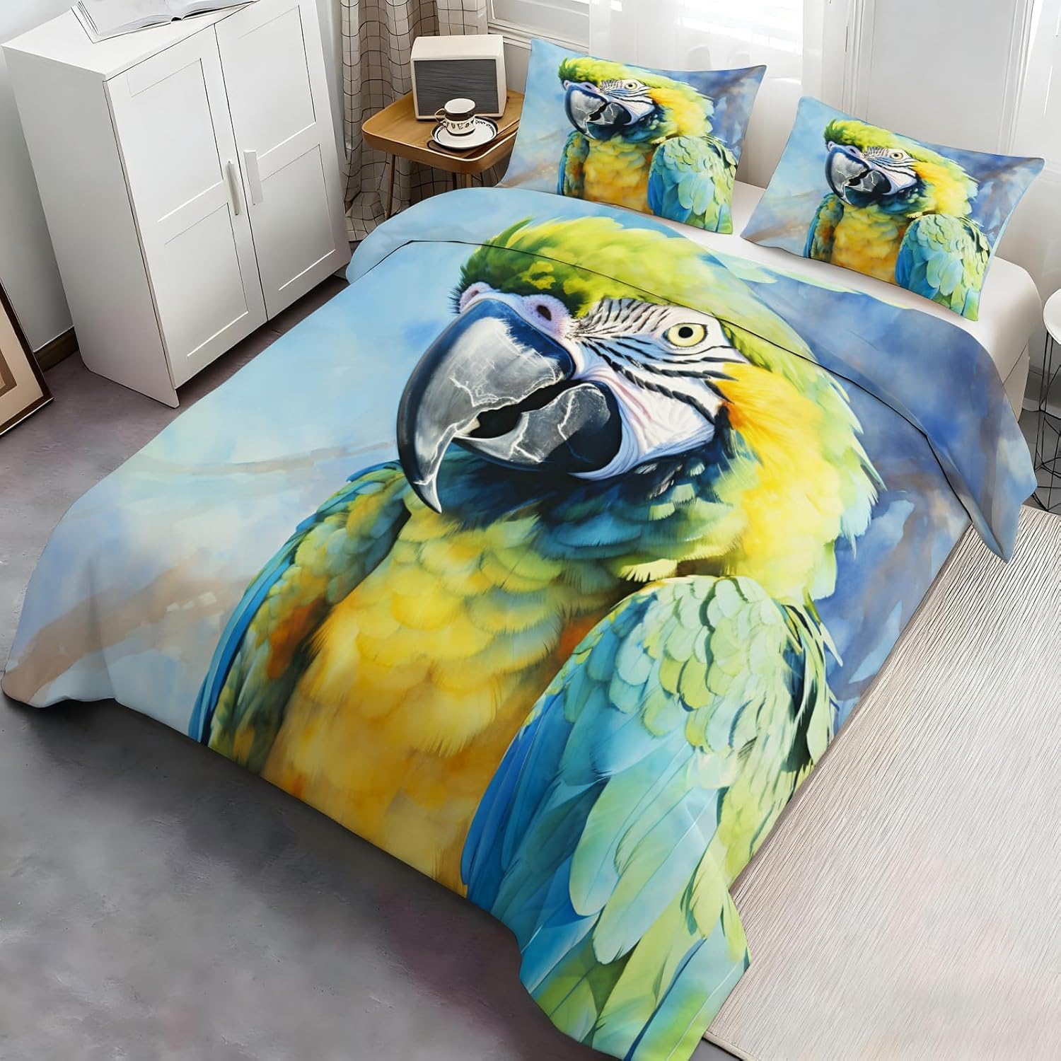 NDXRWDZR King Size Duvet Set Parrot Duvet Cover with Zipper Closure Bedding Set for Aldults Kids Soft Hypoallergenic Microfiber Quilt Cover 230x220 cm + 2 Pillowcases 50x75 cm