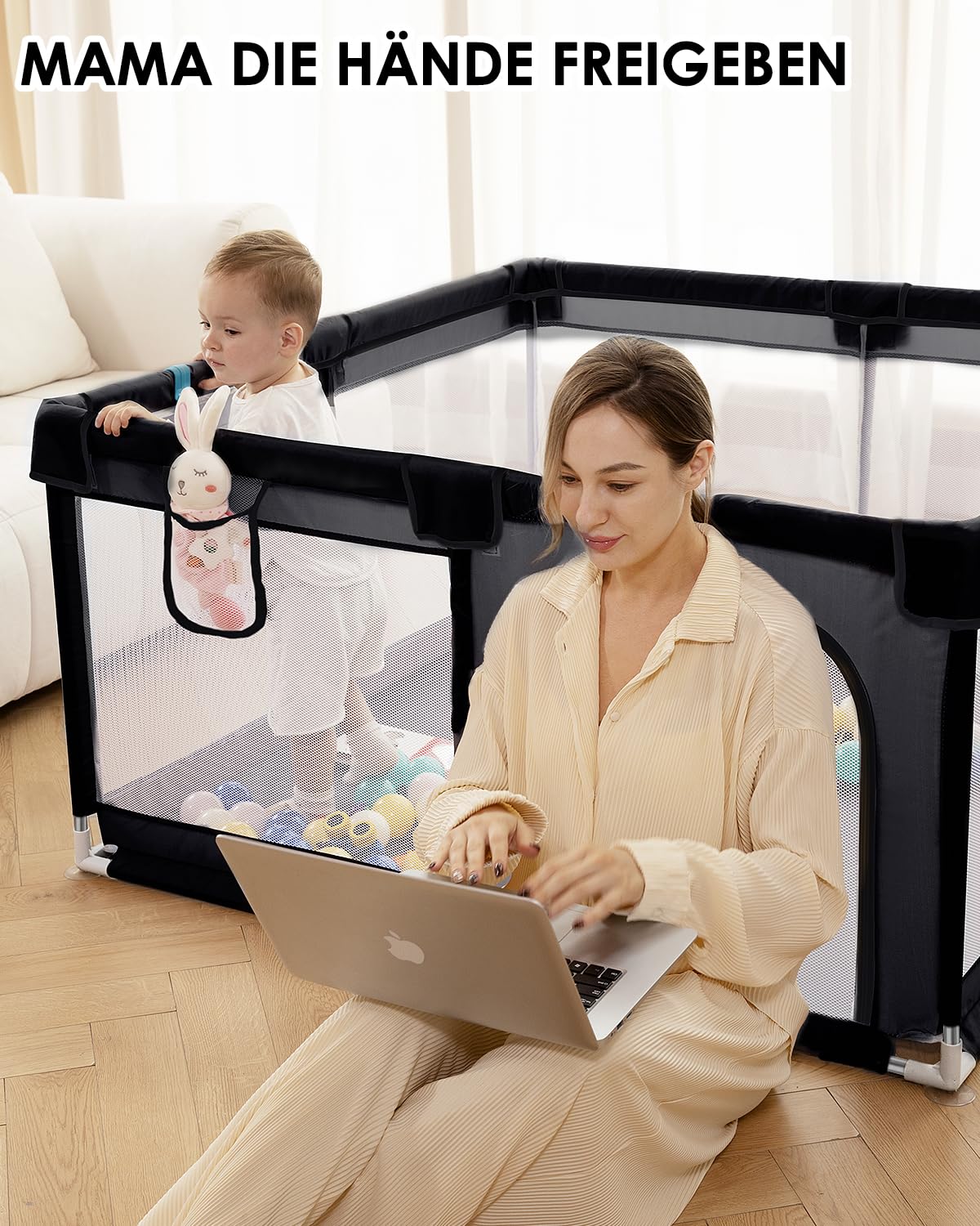 derimkcoa Laufstall Baby,Laufgitter Baby,Kinderzaun mit Atmungsaktivem Netz,Tragbarer Laufstall für Drinnen und Draußen(130x130x66cm,Schwarz)