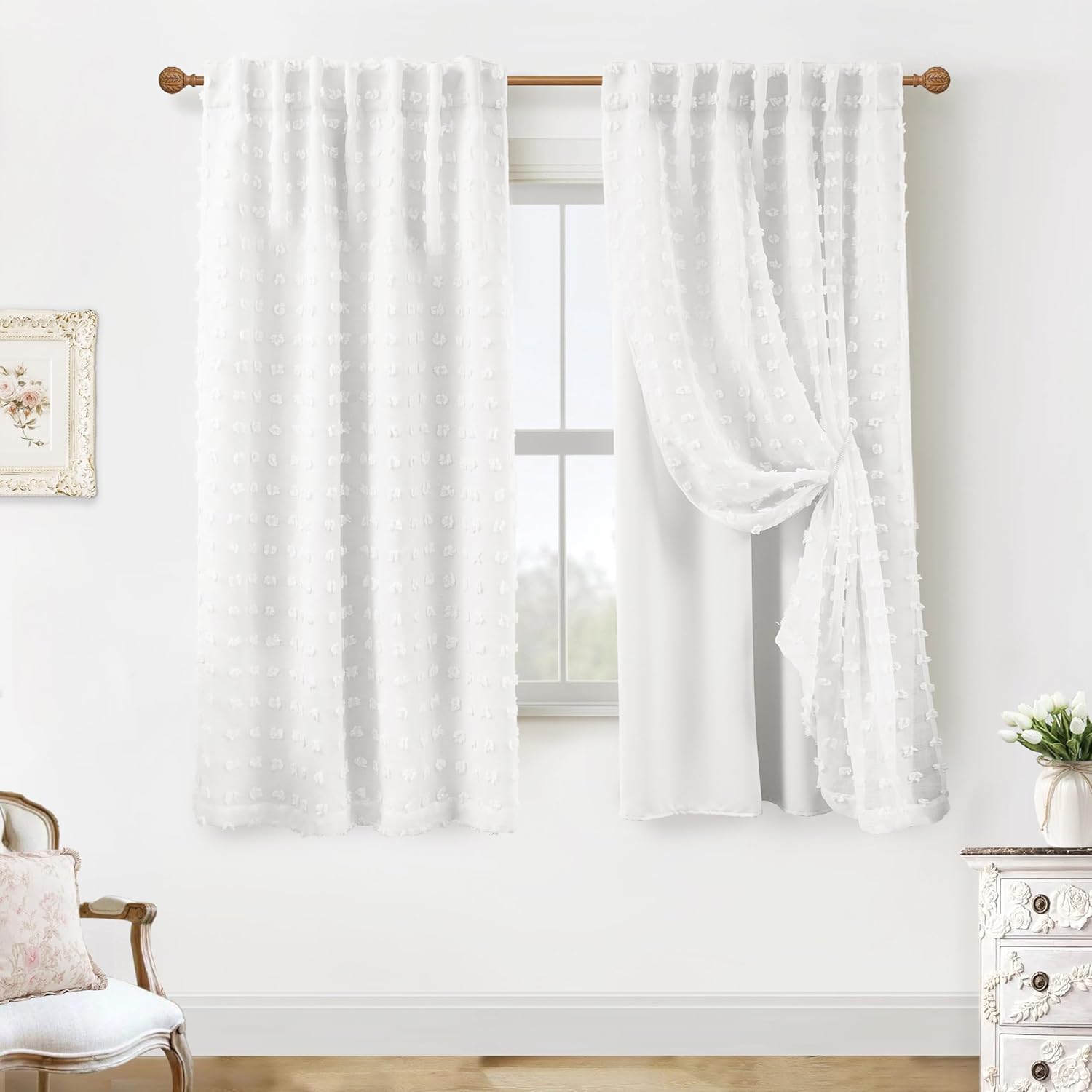 Elegant Pretty Sheer Semi Blackout Curtains 72 Inch Long for Living Room,White Boho Farmhouse Black Out Curtians for Girls Bedroom Cortinas para Sala Modernas 2025 50"W x 72"L (Pack of 2) White