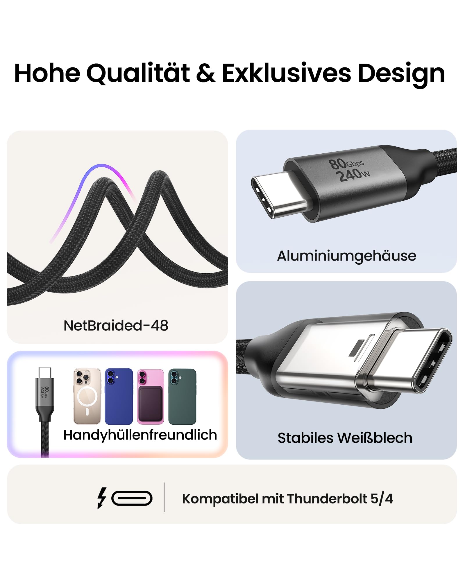 Silkland USB 80Gbps Kabel Kompatibel mit Thunderbolt 5 Kabel 3M 16K/Dual 8K | bis zu 120Gbps Videobandbreite, PD3.1 240W, USB4 V2.0 für Thunderbolt 4/3, USB-C, SSD, Laptop, Dock, Monitor