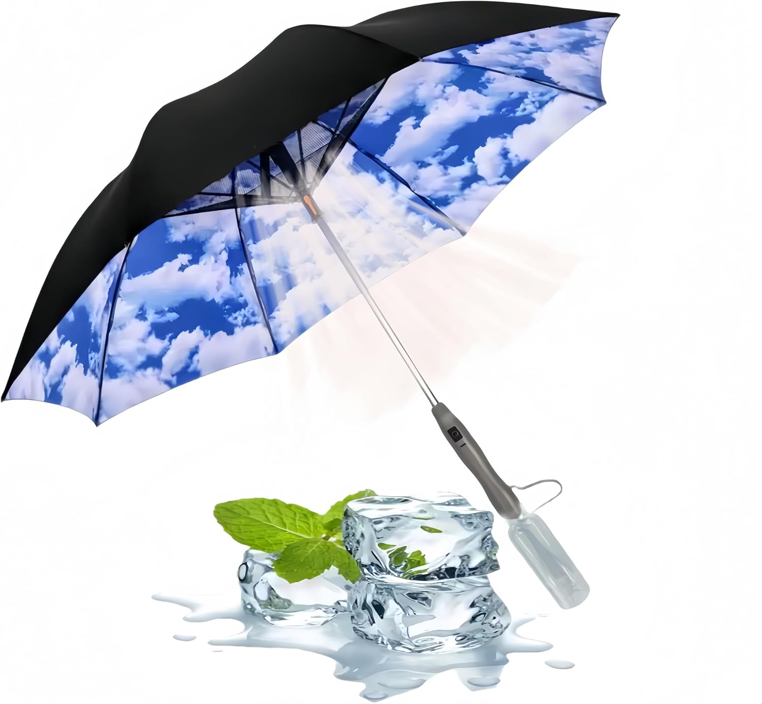 Umbrella with Fan & Mist Spray - Rechargeable UV Protective Cooling Umbrella for Patio, Beach, Travel | Portable Misting System & Detachable Water Bottle Included