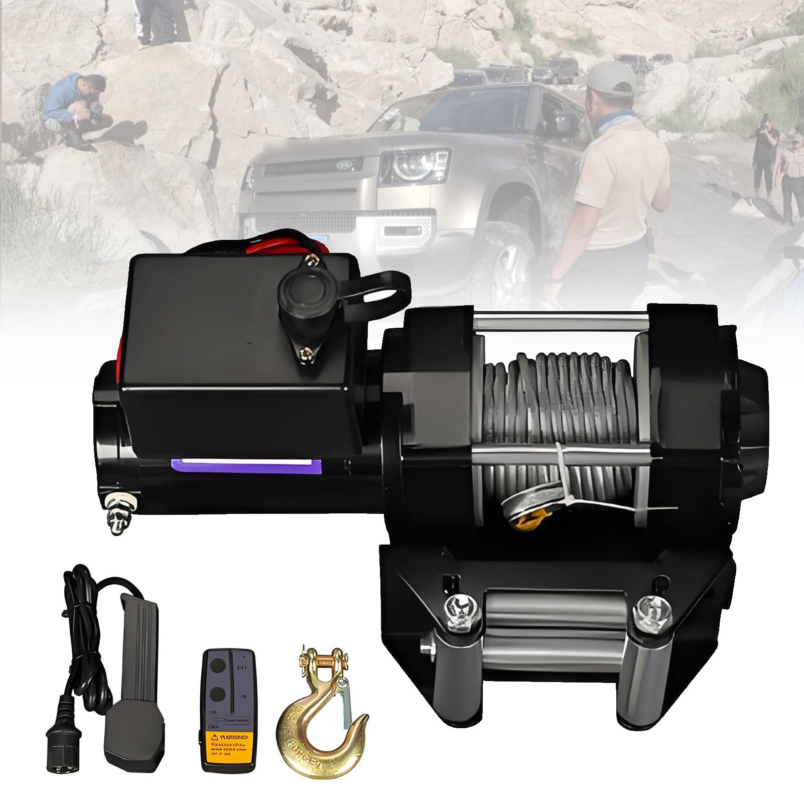 Cabrestante eléctrico de 12V/24V CC, con control remoto inalámbrico y motor; cuenta con clasificación de impermeabilidad IP67, ideal para el auto rescate de vehículos todoterreno ligeros. 24V-2000