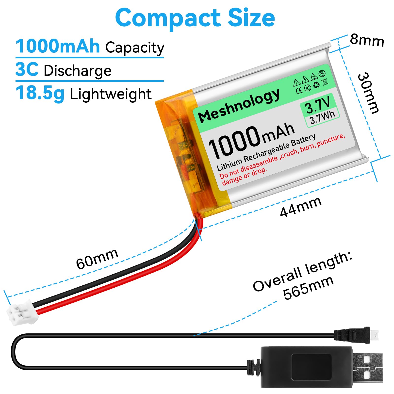 Amazon.com: Meshnology 3.7V Lipo Battery 1000mAh 803040