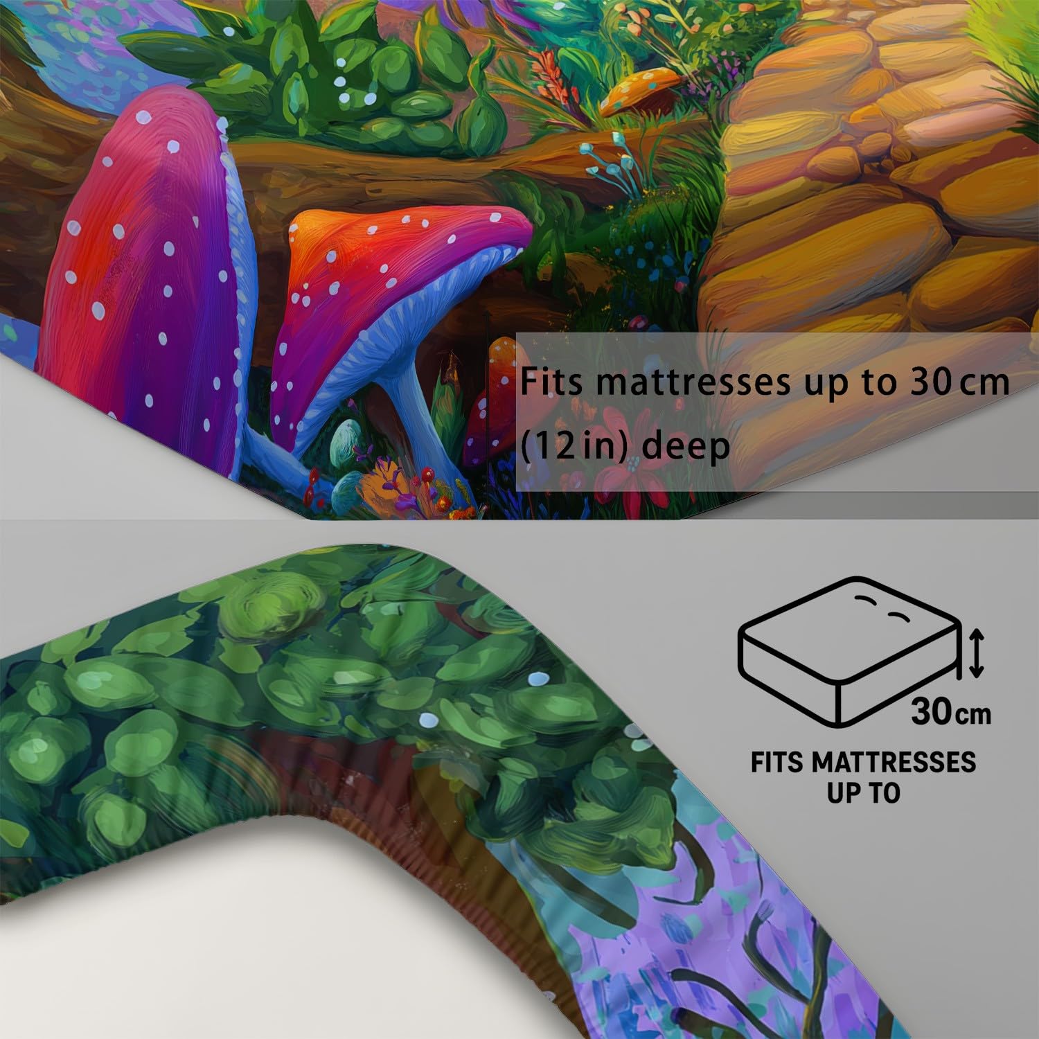 Cartoon Wald Spannbetttuch Märchenhaft Weg Pilz Bäume Spannbettlaken 200 x 200 x 30 cm 3teilig Mikrofaser Bettwäsche Set mit 2 Kissenbezüge 80 x 80 cm Kein Flachbettlaken