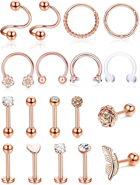 MILACOLATO 18 Pieces 16G Rose Gold Tragus Piercing Earrings Studs for Women Men Stainless Steel CZ Rose Flower Feather Cartilage Earrins Daith Rook Helix Piercing Jewelry