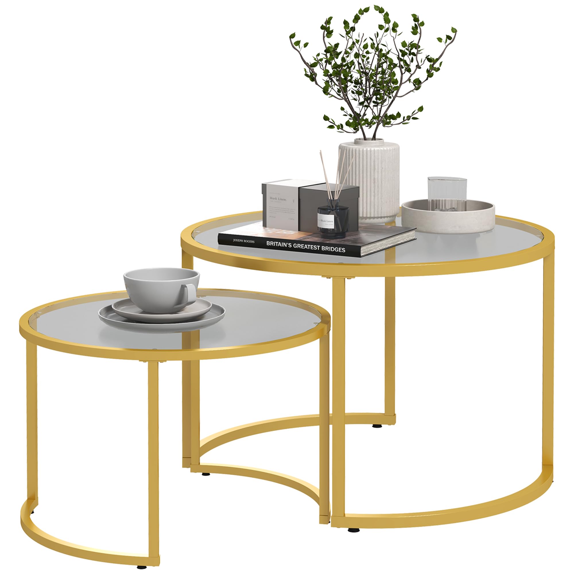 HOMCOM Set 2 mesas café sobre Vidrio Templado, Estructura Acero, Dorado | Mesas nido modernas para salón