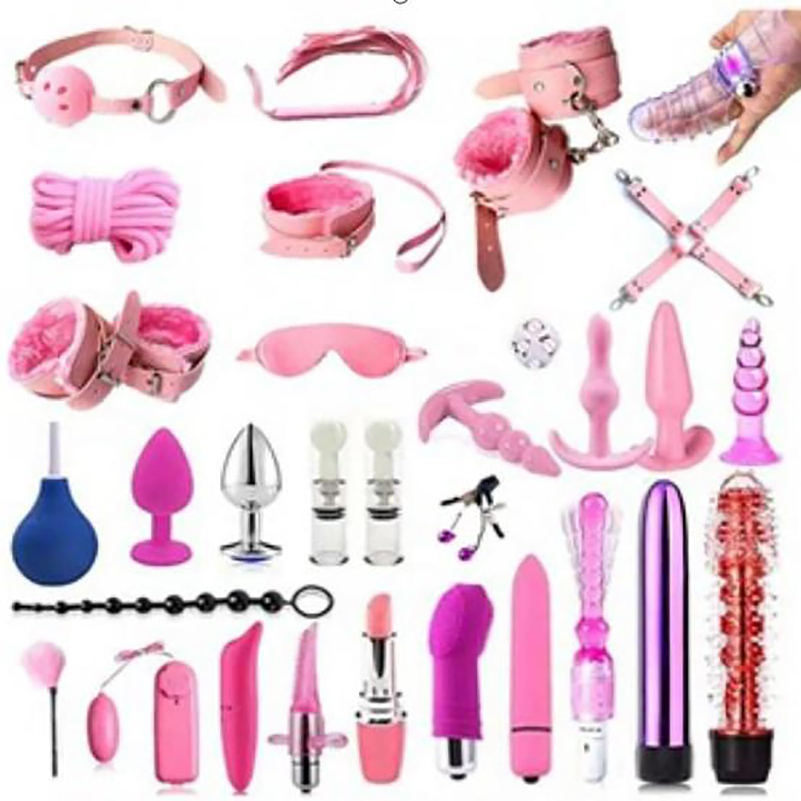 Bondage Set Jouets Sexuels Ensemble 31 Pièces Jouets Sexuels SM Extrêmes pour Adultes Avec Menottes Menottes de Cheville Ensemble de Lit Plug Anal Ensemble pour Amateurs De Bondage (Rose)