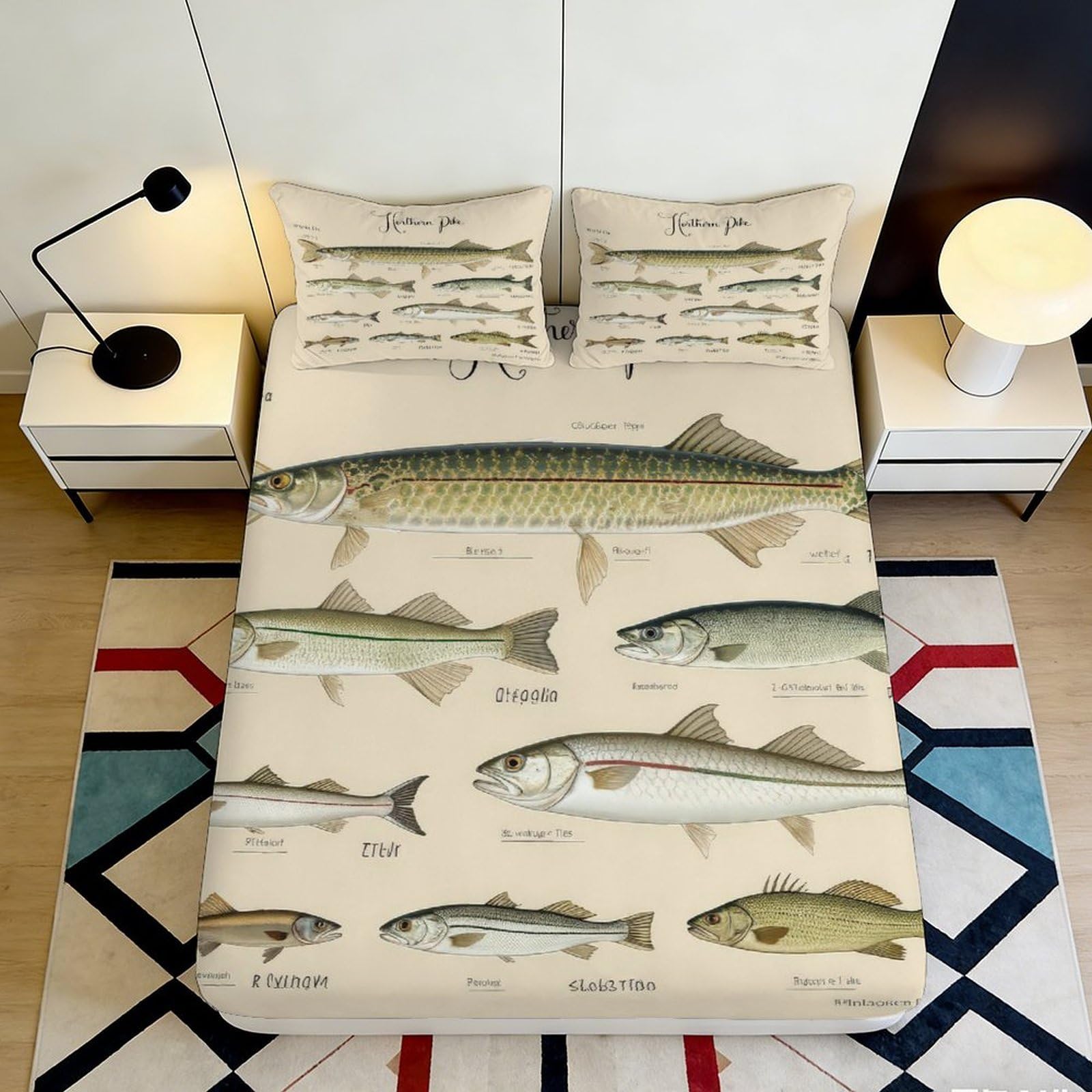 3D Printed Vintage Fish Illustration Fitted Sheet Microfiber Soft Breathable Aquatic Species Bed Cover for Bedroom Decor 90x200x25cm