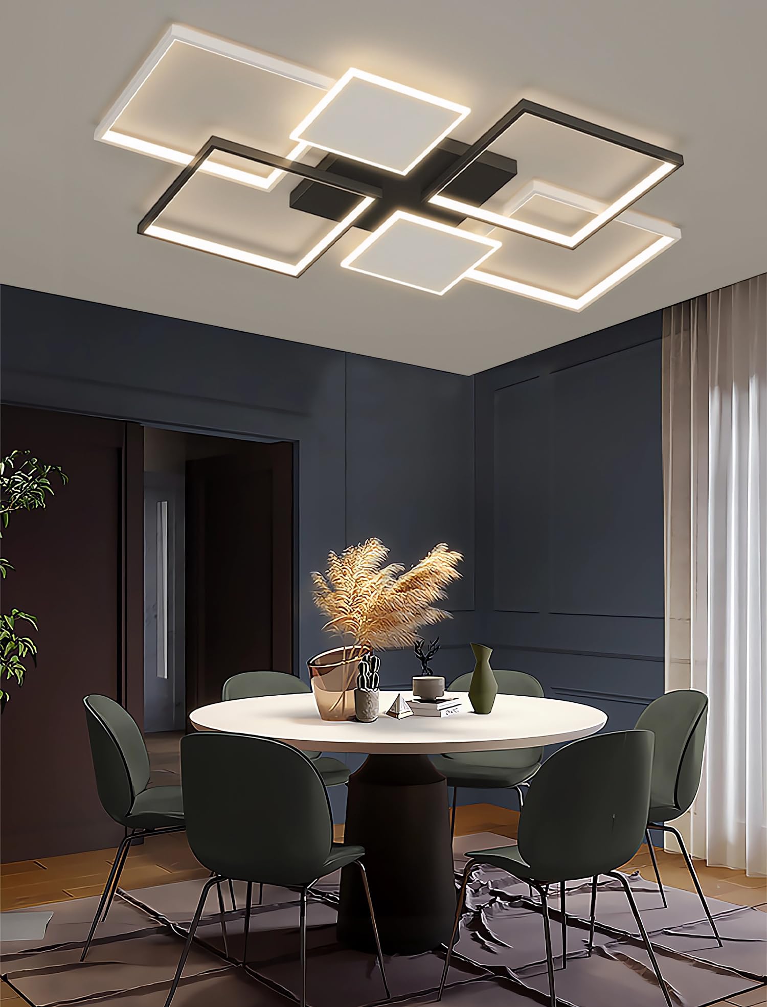 Czarna prostokątna lampa sufitowa LED 110W zregulacją i pilotem Metalowa lampa sufitowa do oświetlenia wnętrz Półwpuszczana lampa sufitowa Odpowiednia do salonów,sypialni innych (Czarny, Duży)