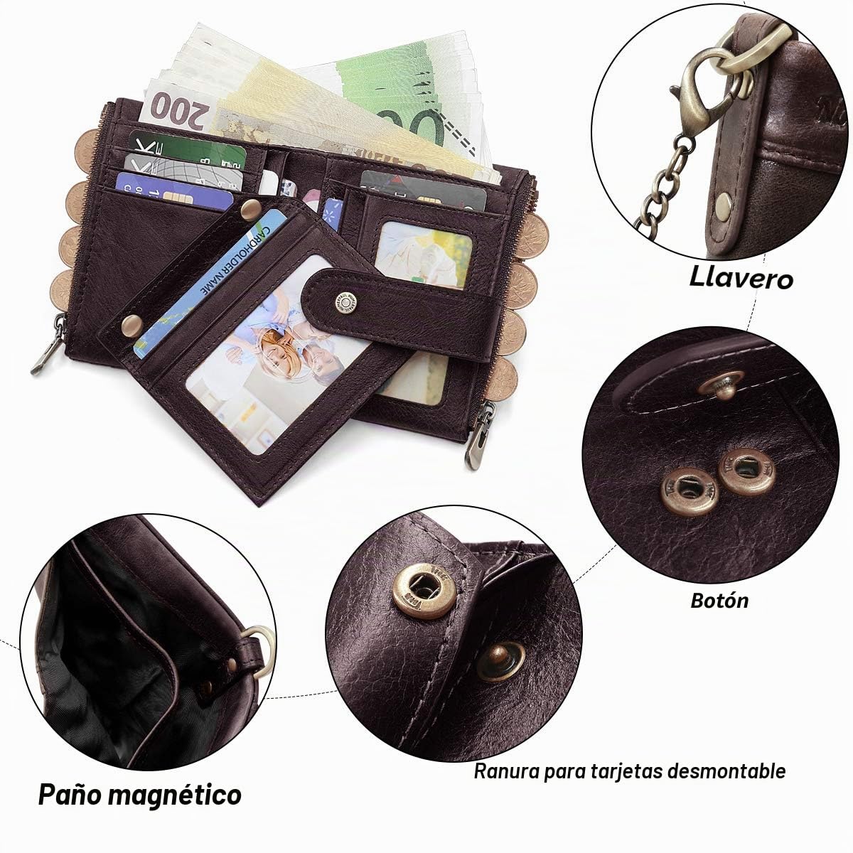 REETEE Carteras para Hombre Billetera de Piel con RFID Bloqueo Billeteras Hombre y Monedero con Cremallera, Monedero Hombre Pequeño19 Ranuras para Tarjetas y Cartera Hombre con Cadena