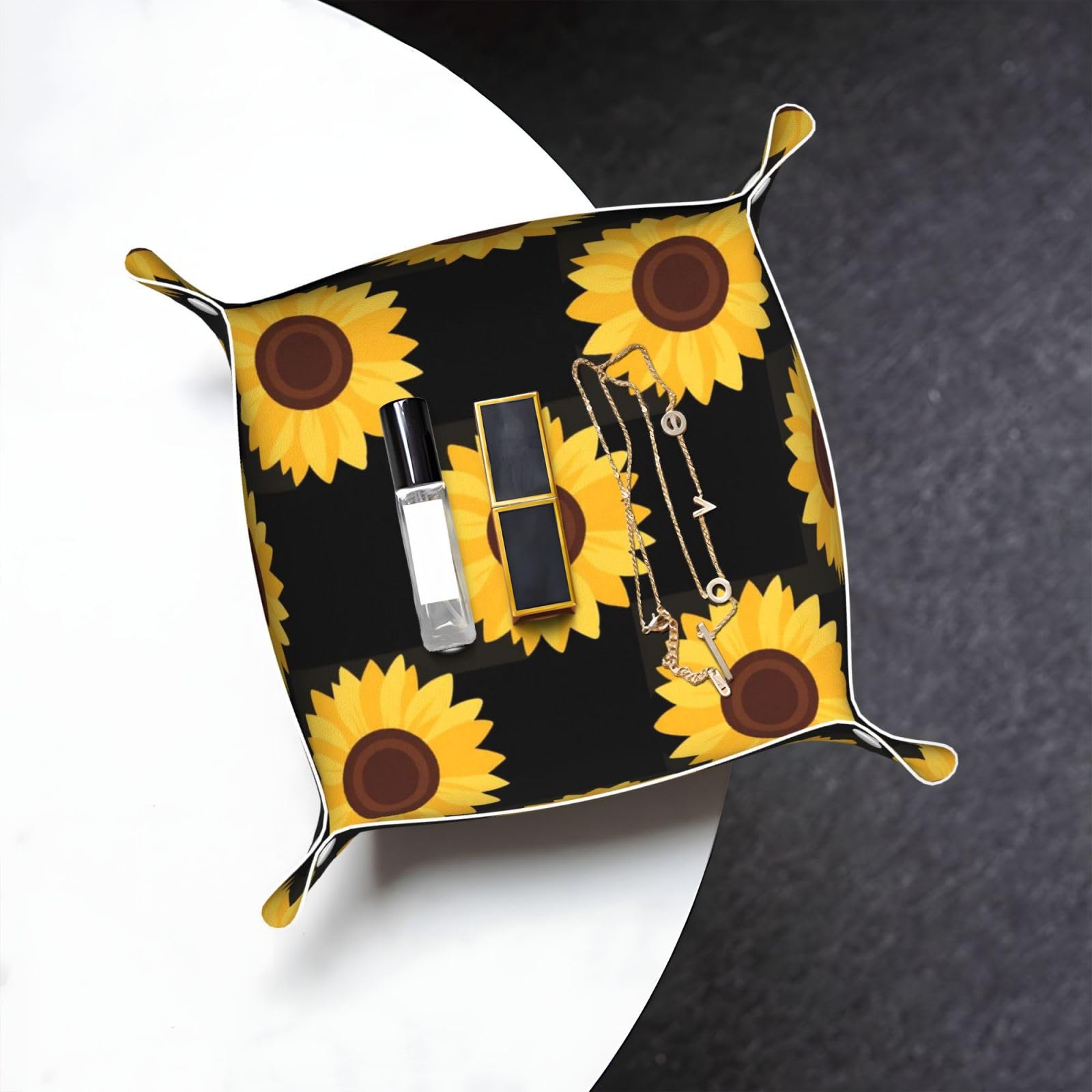 Sunflower Valet Tray Organizer Pu Leather Travel Catchall Tray Organizer Portable Jewelry Tray Storage Keys Tray for Entryway Table Coins Watches Candy