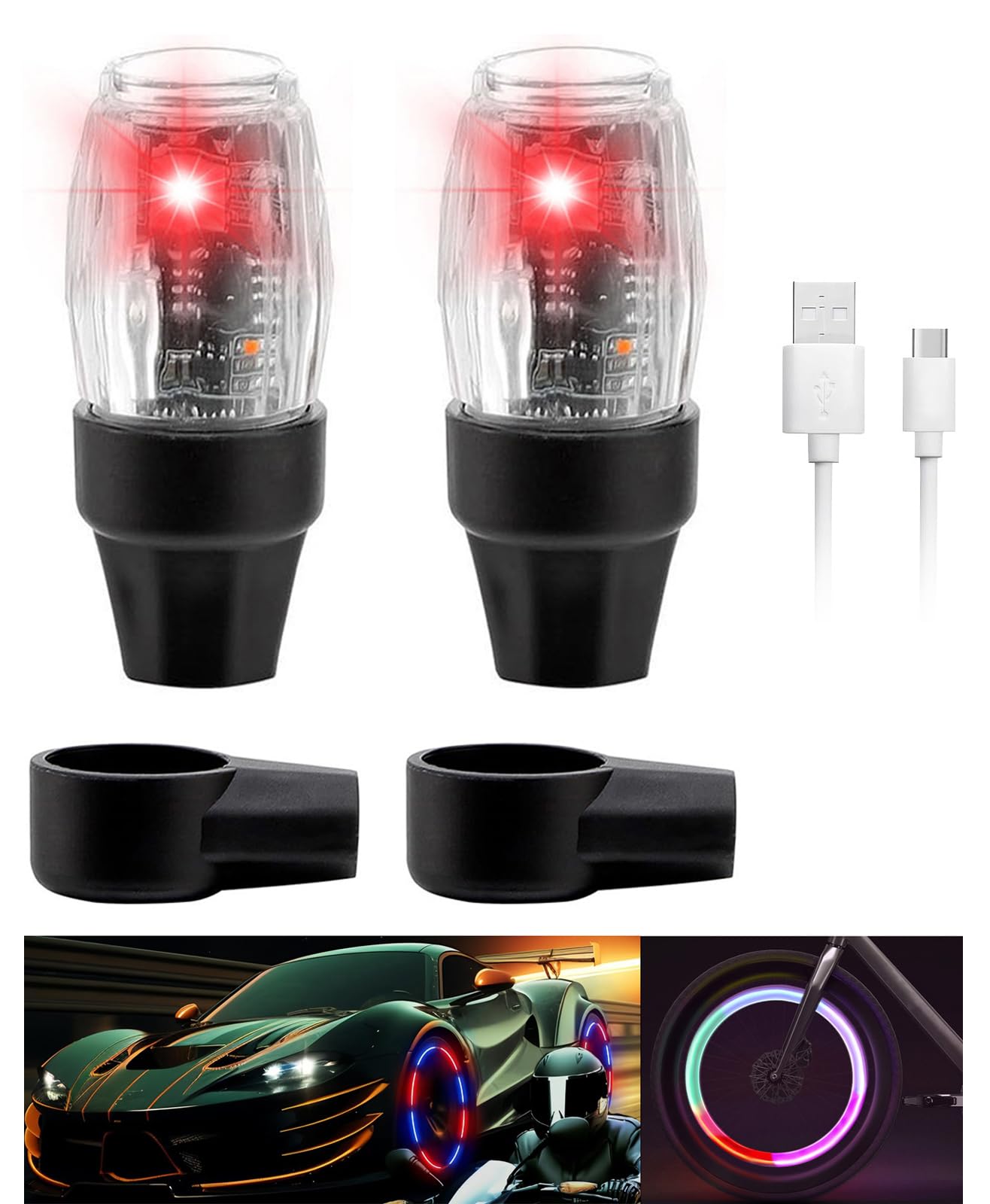 2 PCS Tire Valve Light Colorful LED Car Wheel Lights Waterproof Flash Lantern Tire Valve Stem Cap Lamp Automotive Decoration Accessories for SUV Truck Motorcycle Bike Bicycle (2 Red)