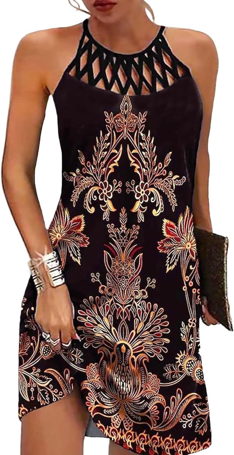 LOVESHOOT Summer Dresses for Women 2026 Casual Floral Hollow Out Halter Neck A-line Sundress for Beach Vacation with Pockets