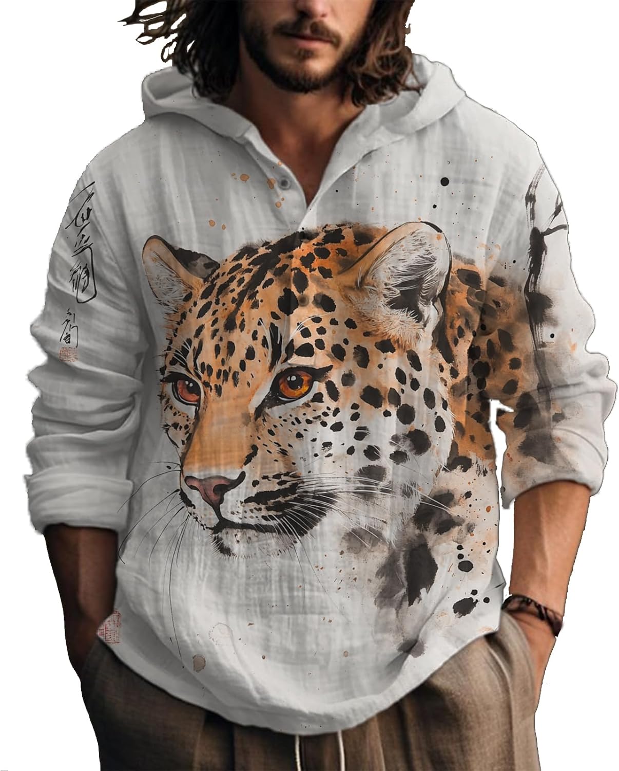 MARSVOVO Japanese Shirts For Men Japanese Art Print Long Sleeve Hooded Hoodie Novelty Graphic Button Up Yoga Pullover