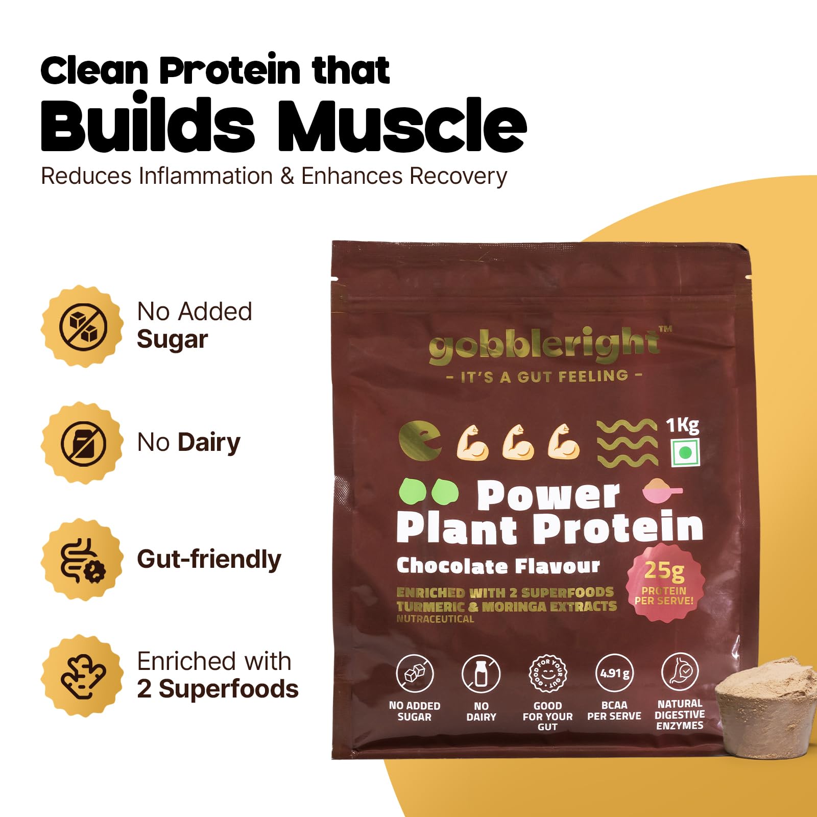 GOBBLERIGHT Plant Protein Powder Chocolate (1kg)-28.5g Protein & 4.91g BCAA Per Serve|Isolate & Concentrate Pea Rice Powder with Turmeric & Moringa Extracts|No Added Sugar|Gut Friendly — Amazon image 2