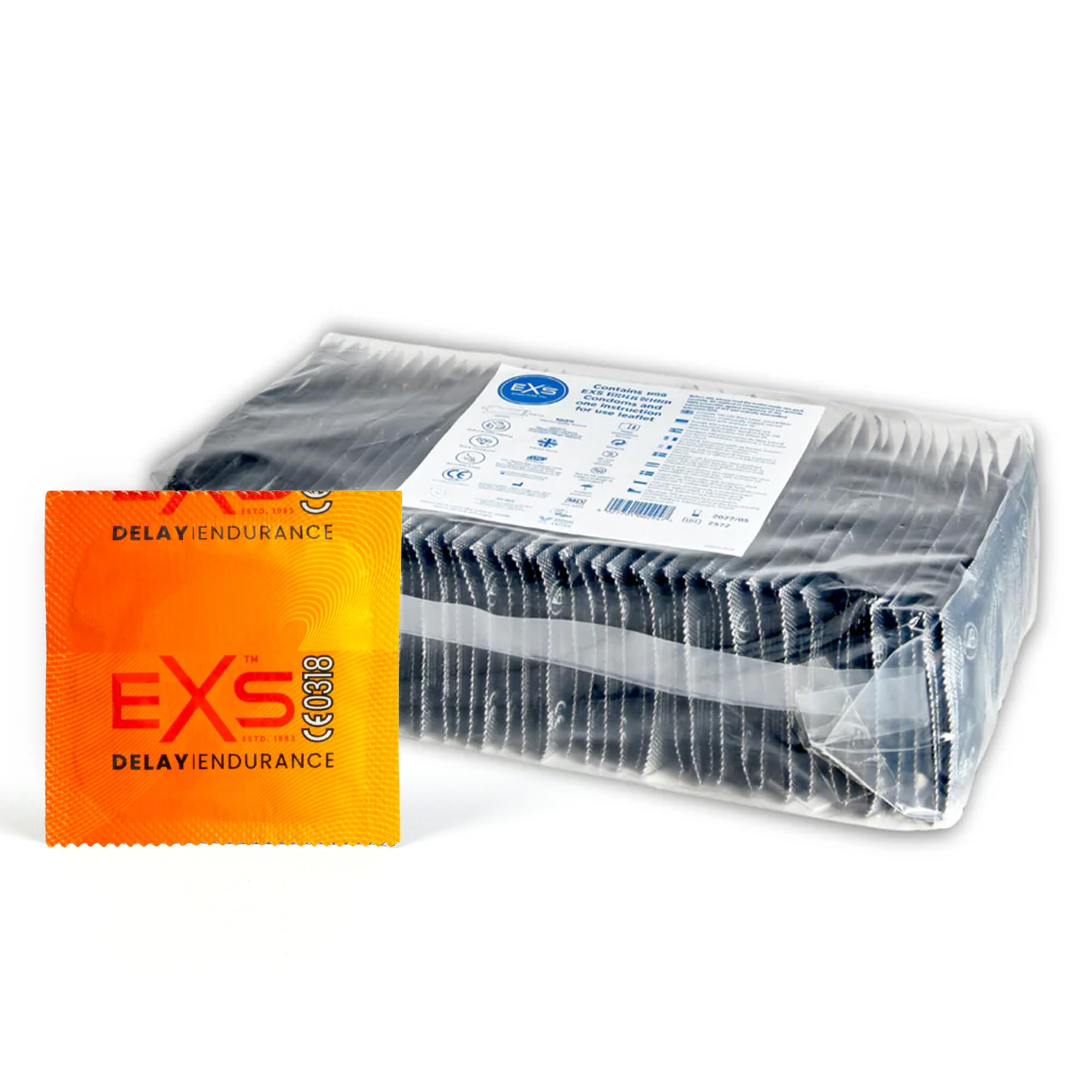 EXS Delay Condoms (144 Pack) Regular Fit, Premium Latex with Non-Spermicidal Lube, Straight-Walled with Teat, PETA-Approved Vegan Condom, 3 Year Life - CE Marked NHS Approved Male Condoms