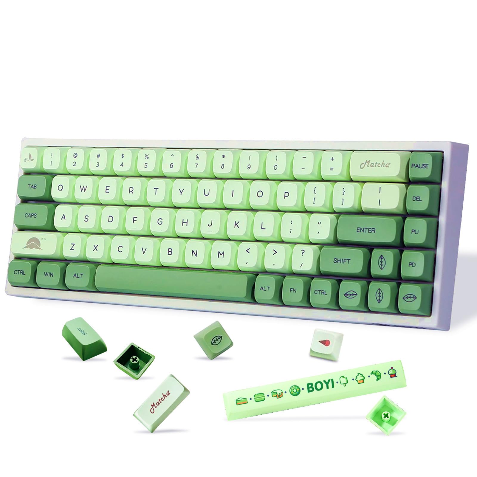 BOYI Matcha Custom 124 Key PBT Dye-Sublimated Keycaps, XDA Profile, Matcha Green, Universal Compatibility for DIY Barebones Mechanical Keyboard, USB, Keyboard Keycaps