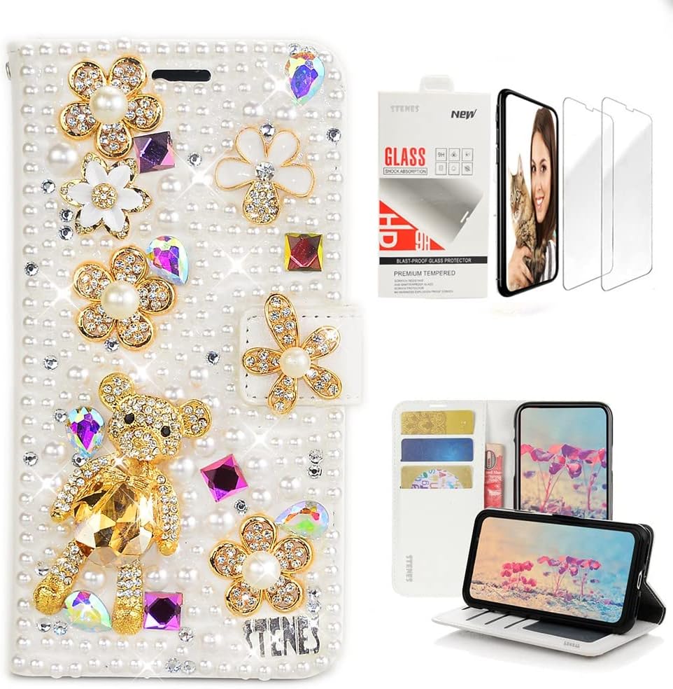 STENES Bling Wallet Phone Case Compatible with Samsung Galaxy S20 - Stylish - 3D Handmade Butterfly Mermaid Design Leather Cover with Screen Protector [2 Pack] - Light Blue