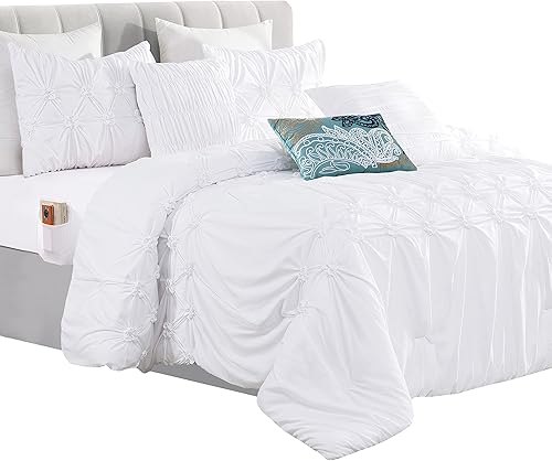 Elegant Comfort Ella Bed-in-a-Bag juego de edredón plisado con diseño de pintuck juego de sábanas de 6 piezas con bolsillos inteligentes almohadas
