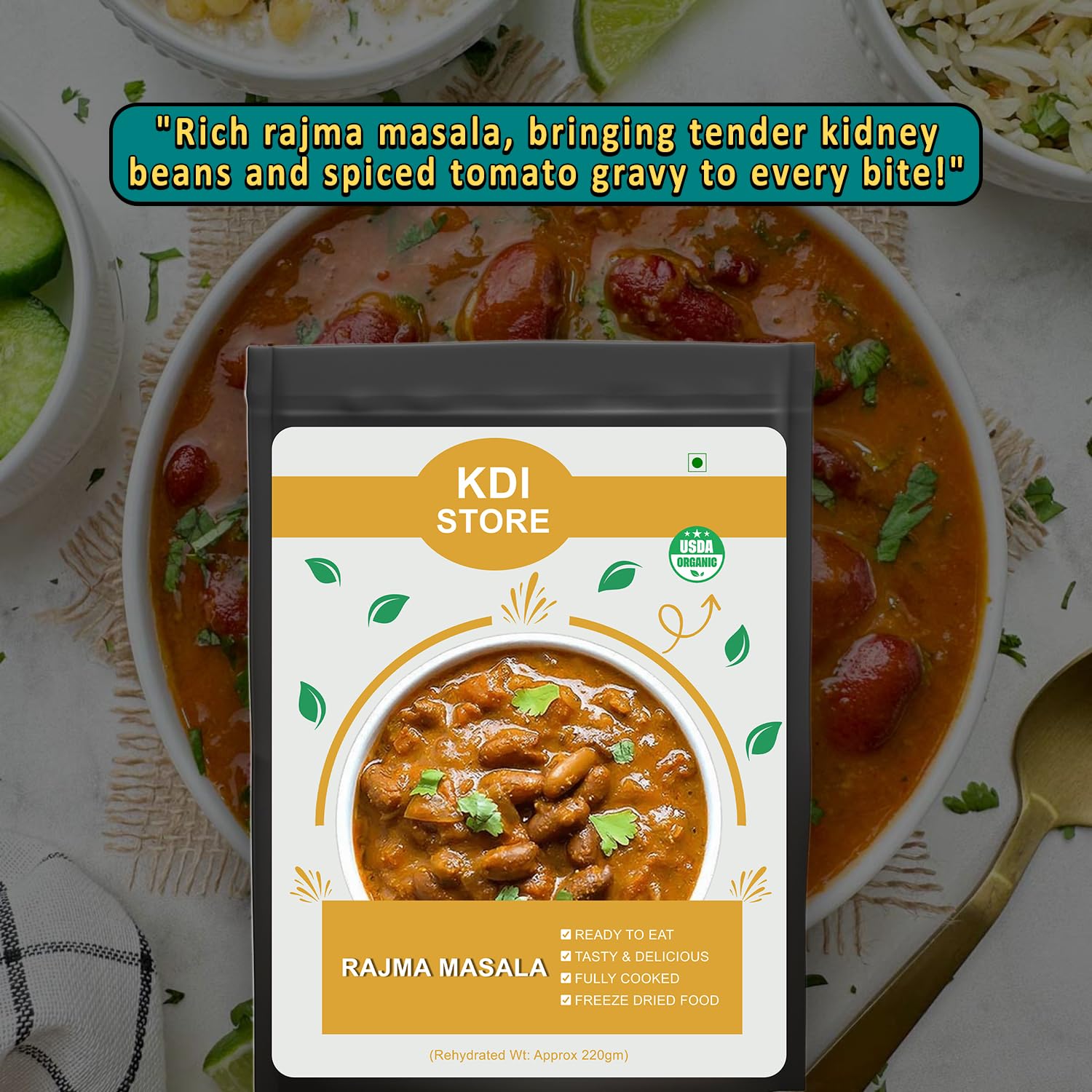 KDI Store Rajma Masala, Ready to Eat Indian Red Kidney Beans Curry, USDA Organic, Fully Cooked, Freeze Dried, 55g