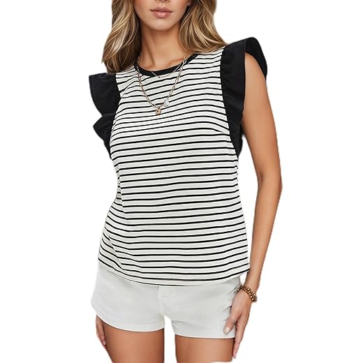 Camisetas femininas curtas listradas de verão com babados